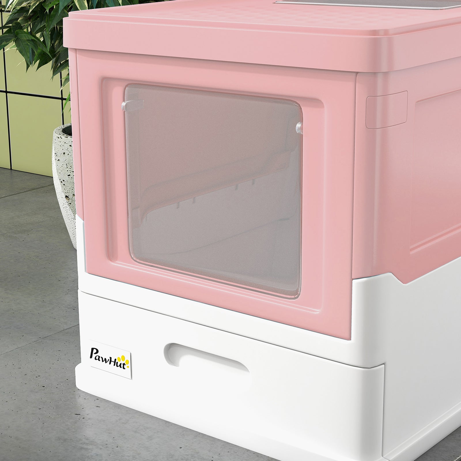 Hooded Cat Litter Box Litter Tray Pet Toilet W/ Scoop, Front Entry - Pink