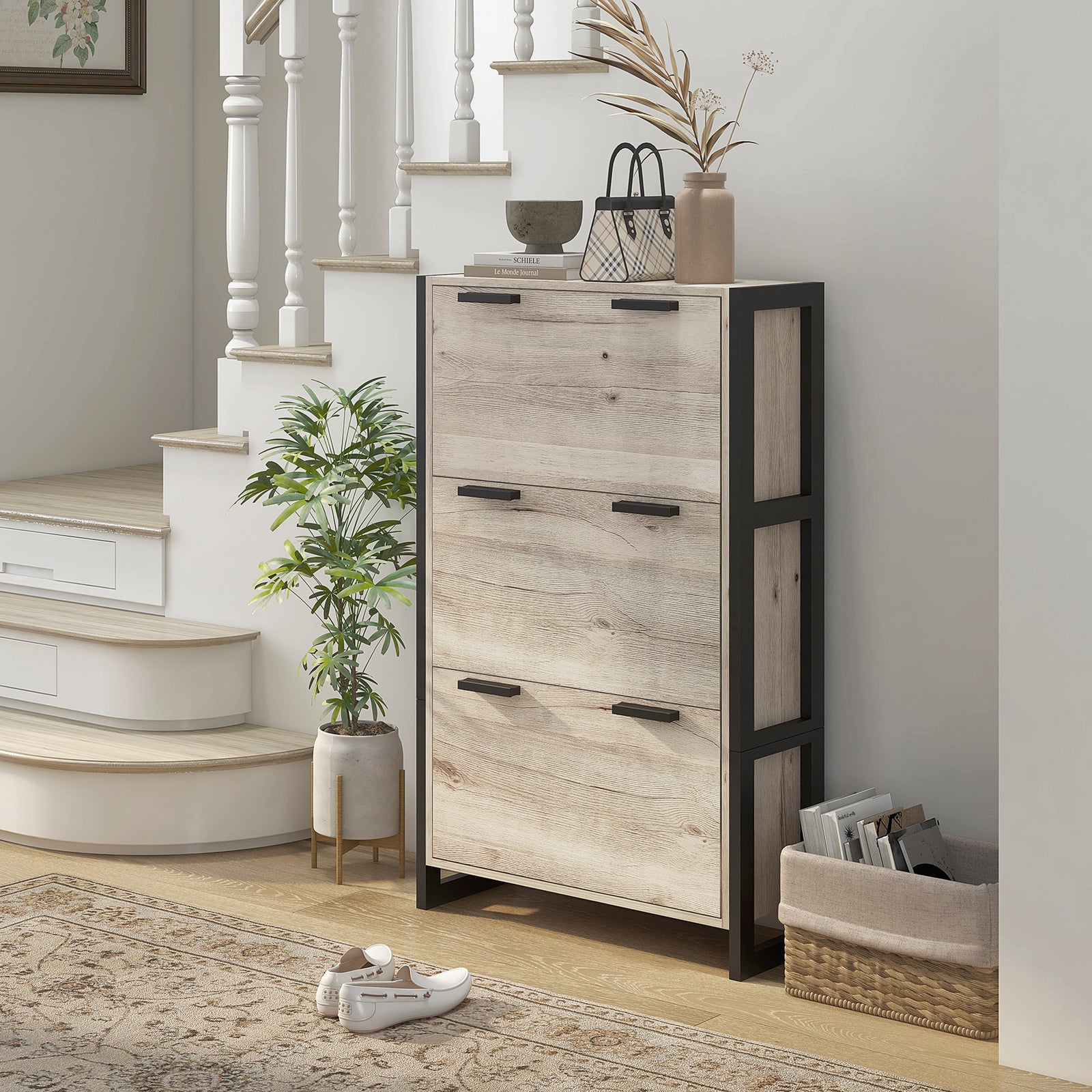 Entryway Shoe Cabinet With 3 Flip Drawers Adjustable Shelves