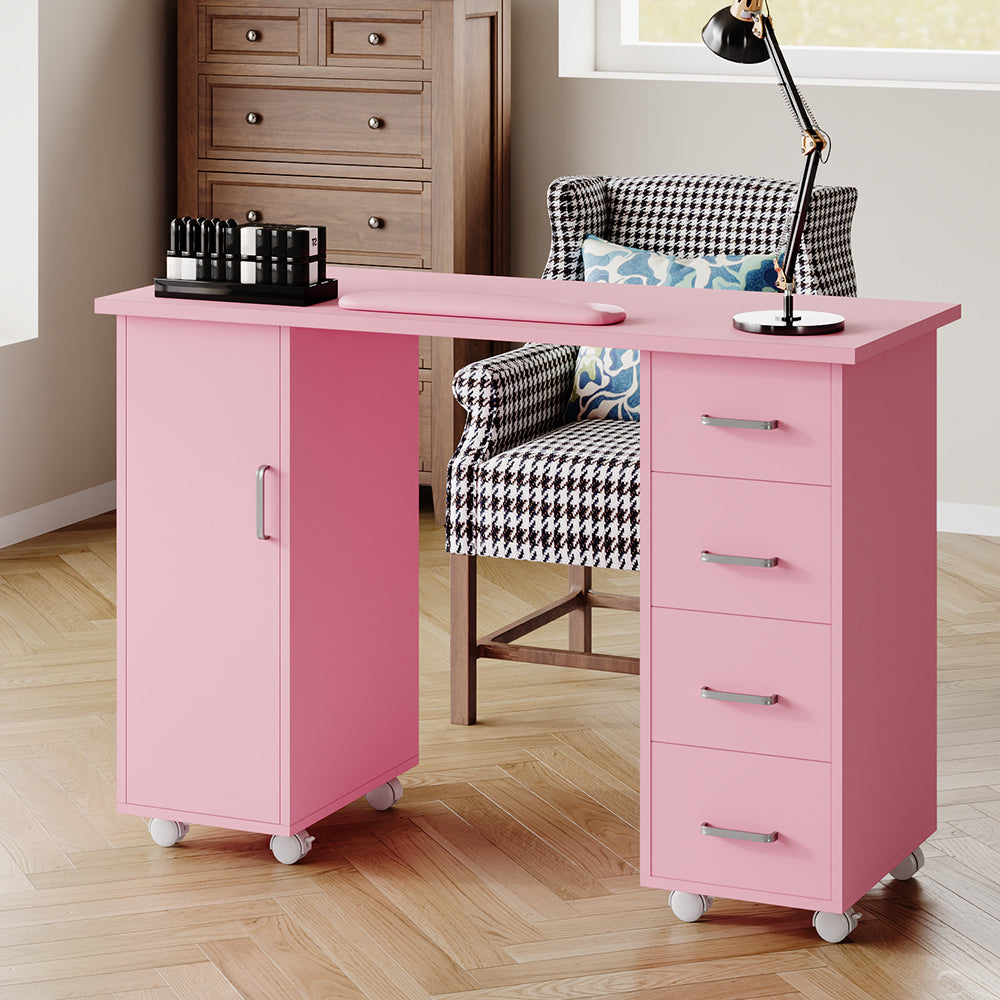 Mobile Manicure Table With 1 Cabinet And 4 Drawers | Pink