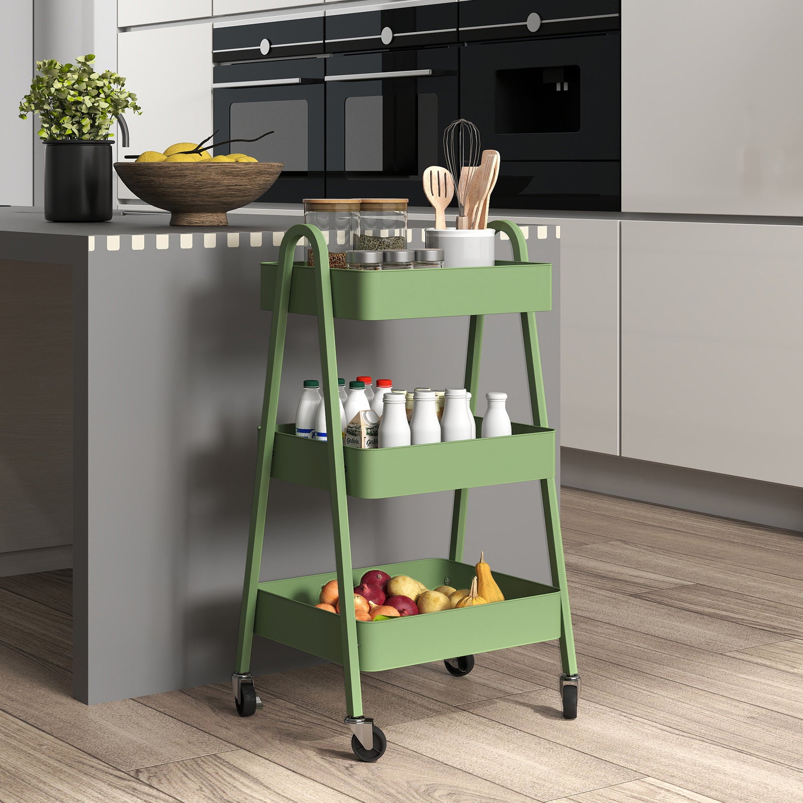 3-tier Kitchen Cart, Wheels | Green