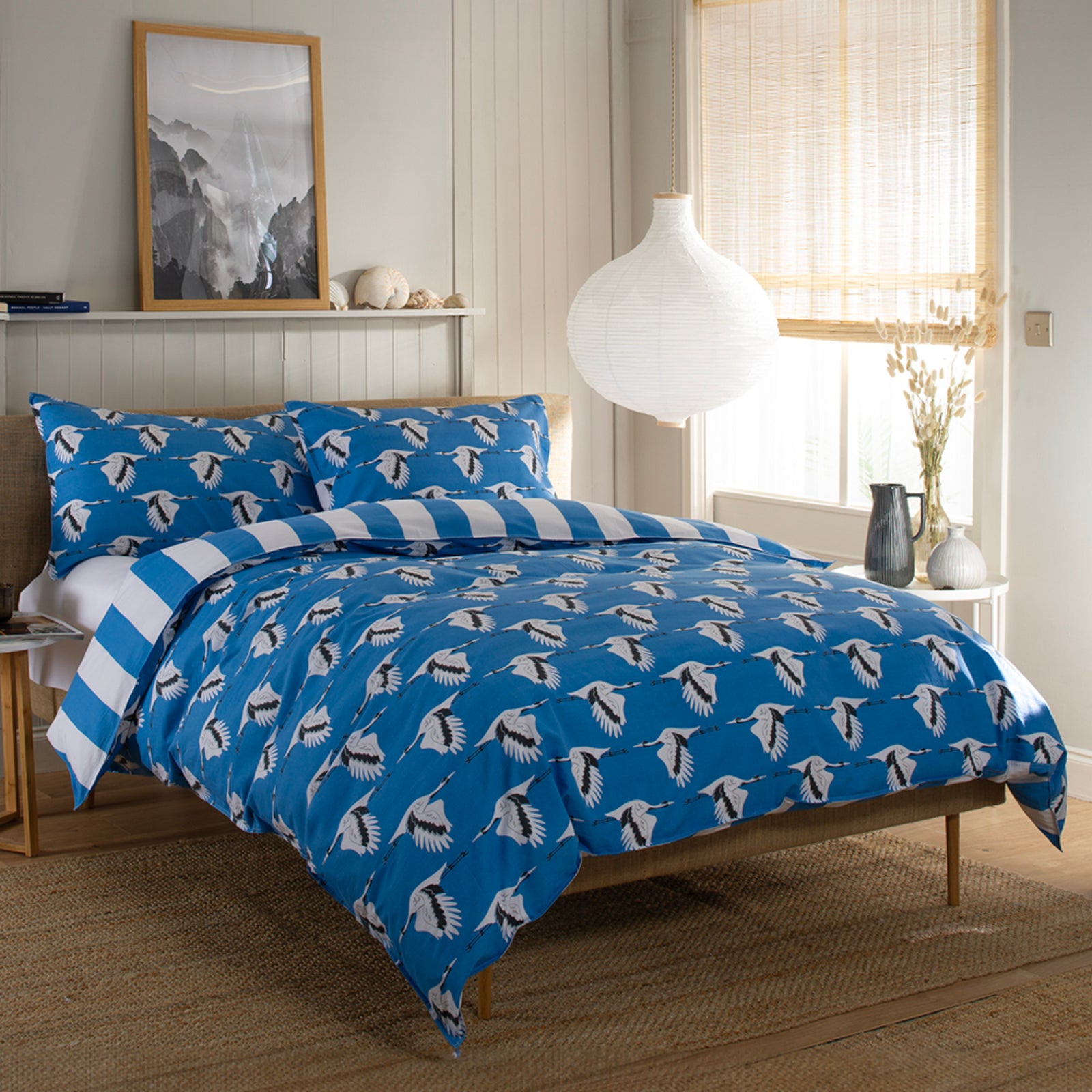 Sedge Printed Soft Cotton Duvet Cover Set With Piped Edges | Double | Blue