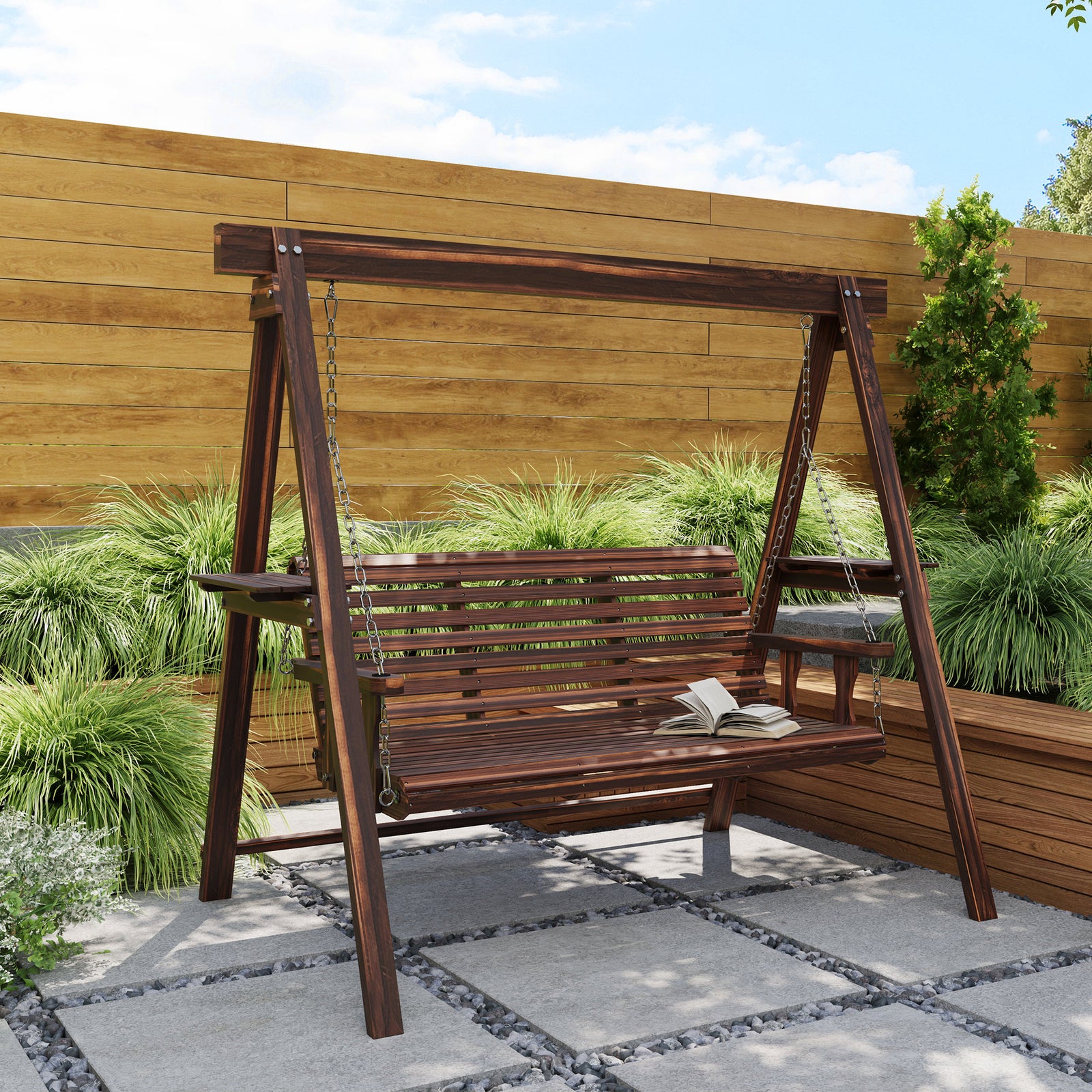 3 Seater Wooden Garden Swing Chair With Side Tables