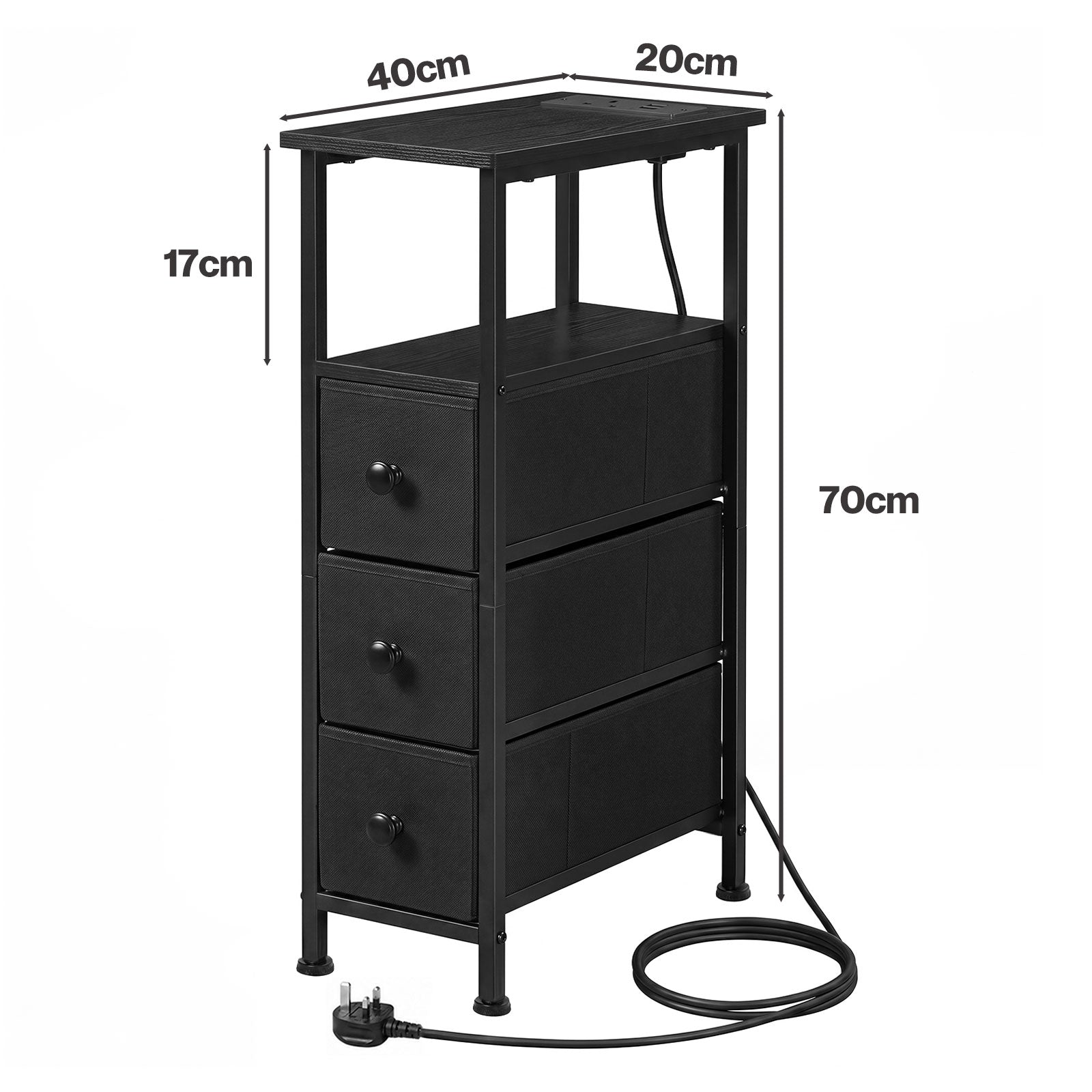 Slim Bedside Table With Charging Station 3 Drawers For Bedroom Black | Black