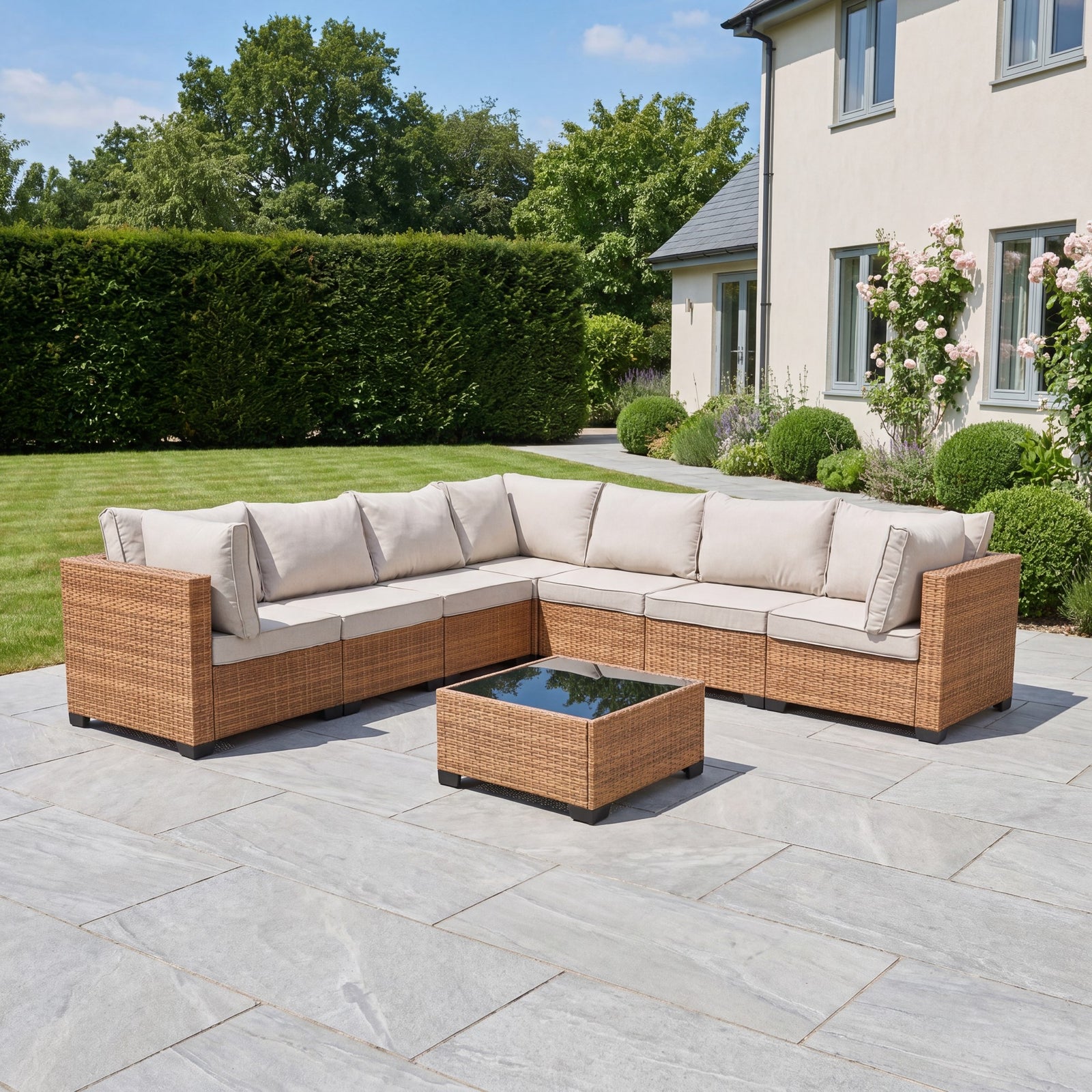 Saviano 7 Seat Modular Large L-shaped Rattan Corner Set | Cream & Brown