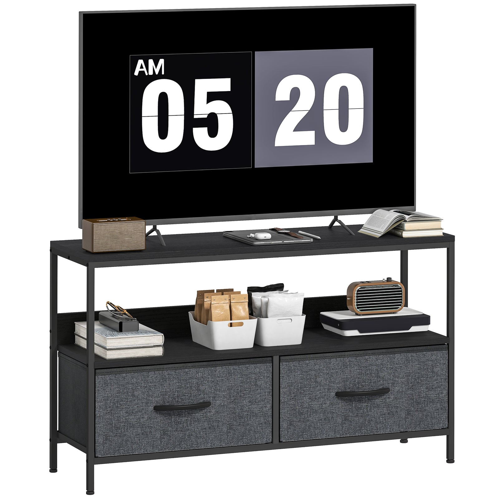 Tv Cabinet, Tv Console Unit With 2 Foldable Linen Drawers | Black