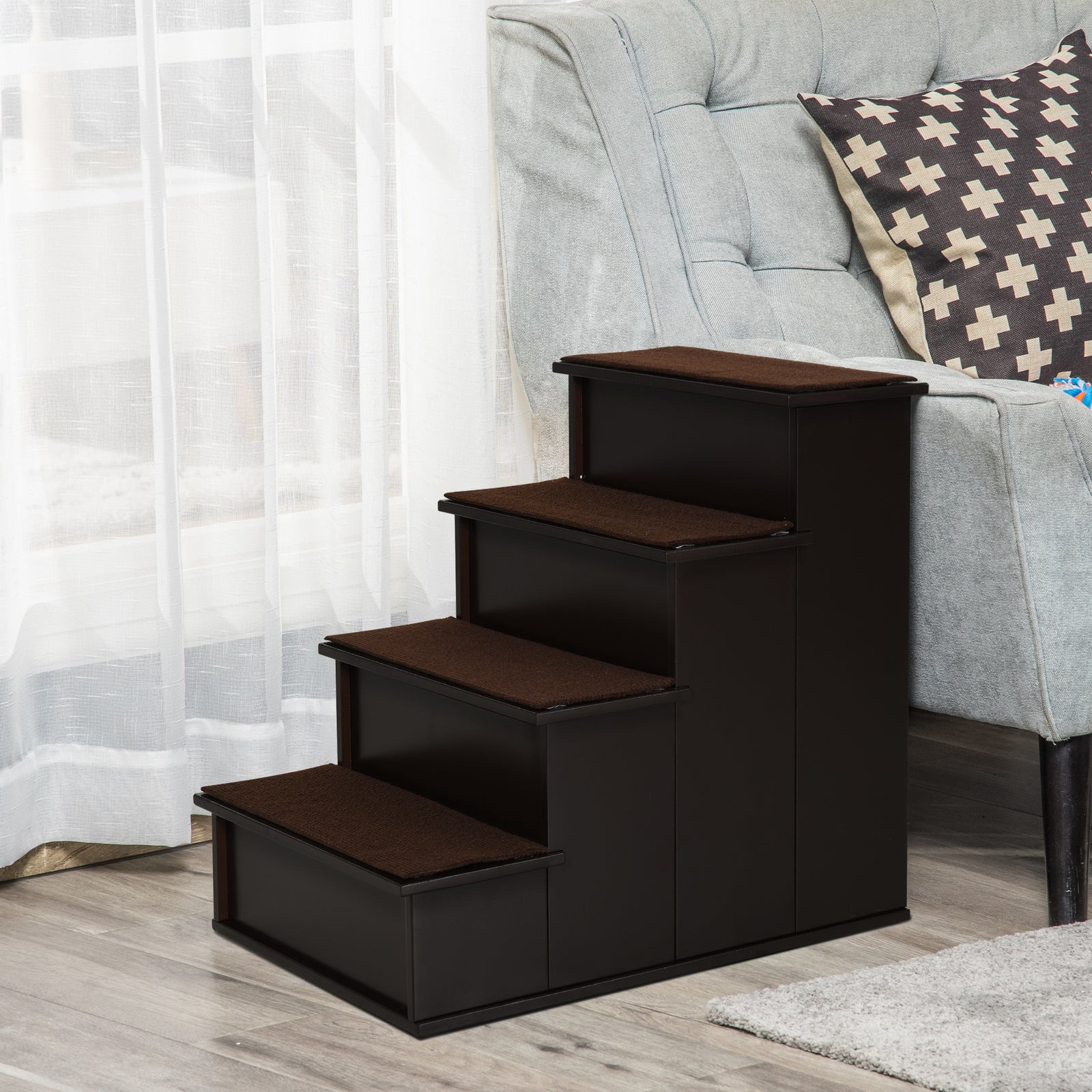 4 Step Wooden Dog Steps Pet Stairs Cat Ladder For Bed Couch | Brown
