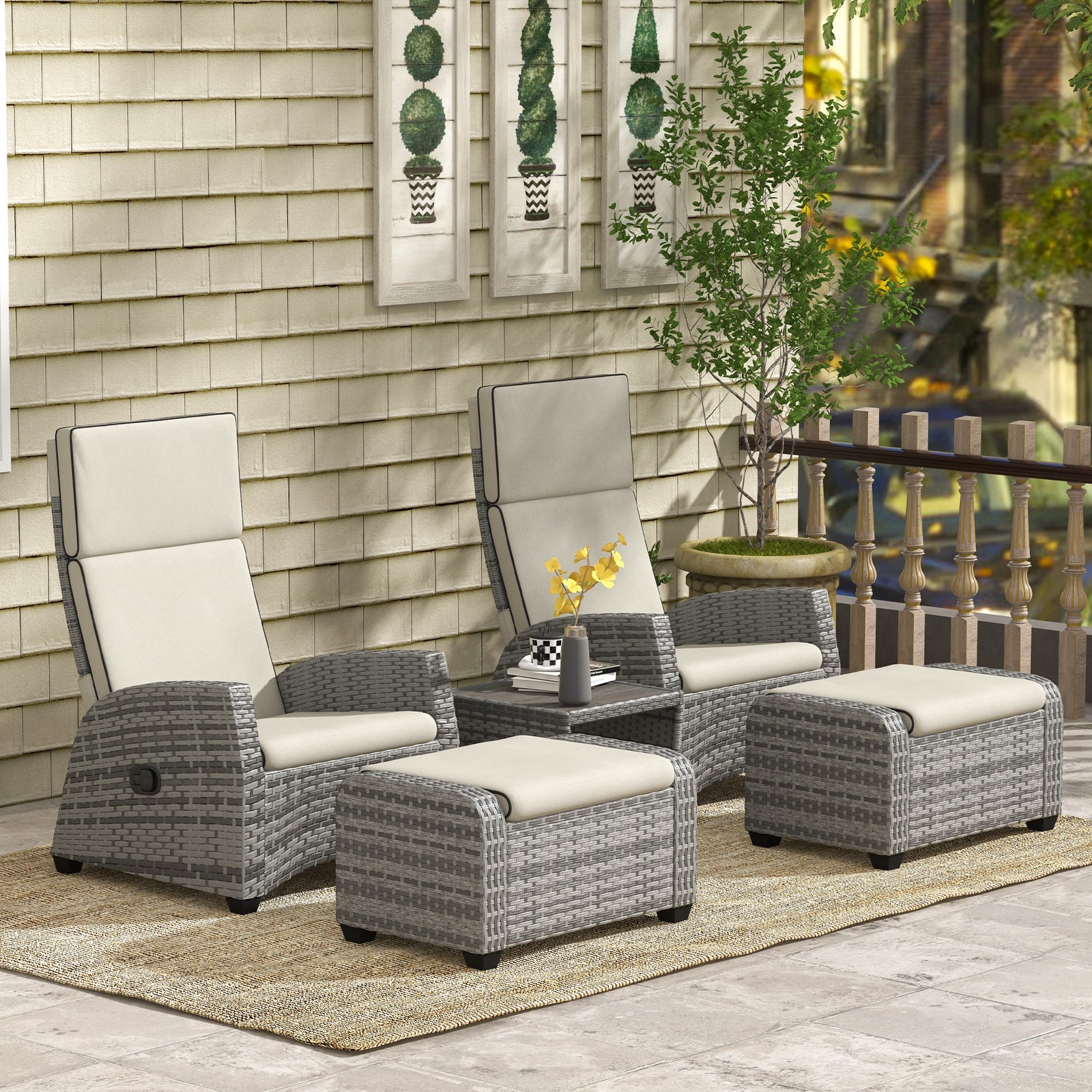 5 Pcs Rattan Garden Furniture Set W/ Reclining Chairs, Table | Gray