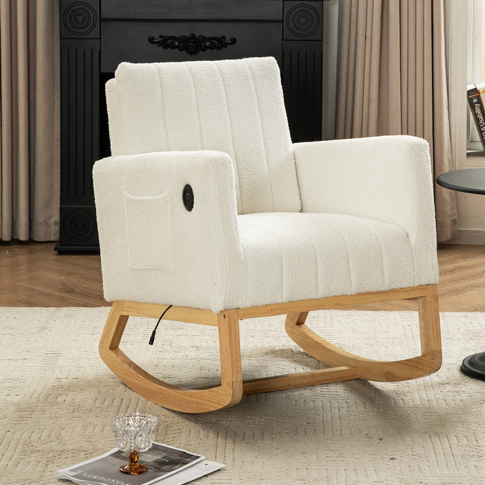 Teddy Fleece Upholstered Wood Base Rocking Chair With Charging Ports