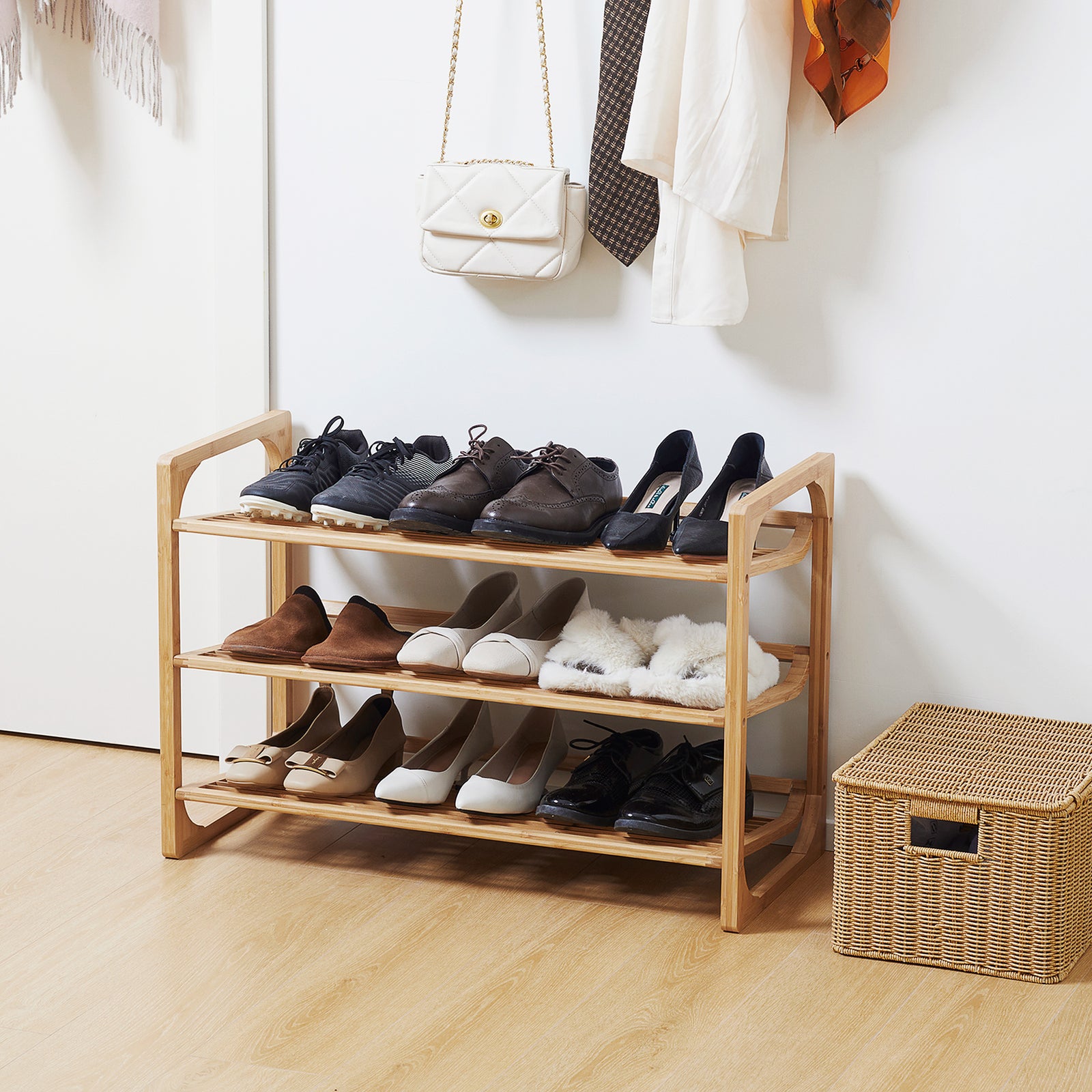 Bamboo Shoe Rack, 3-tier Shoe Storage Shelf For 9 Pair