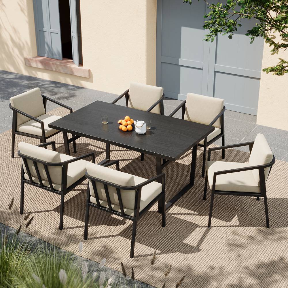 Breeins 7 Pieces Garden Dining Set 160cm Rectangular Garden Table And Chairs Wood Grain Tabletop 6pcs Armchairs With Seat Pads Cushion Outdoor Patio Furniture Set