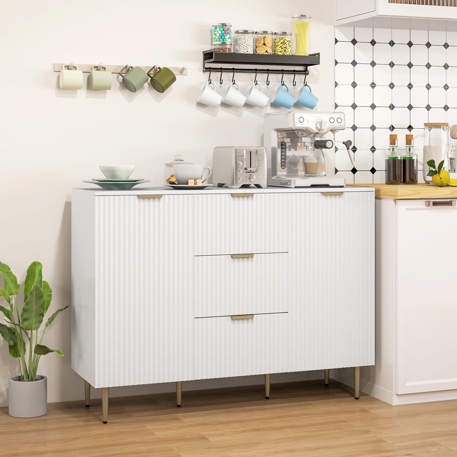 Sideboard Buffet Cabinet W/ 3 Drawers And Adjustable Shelves