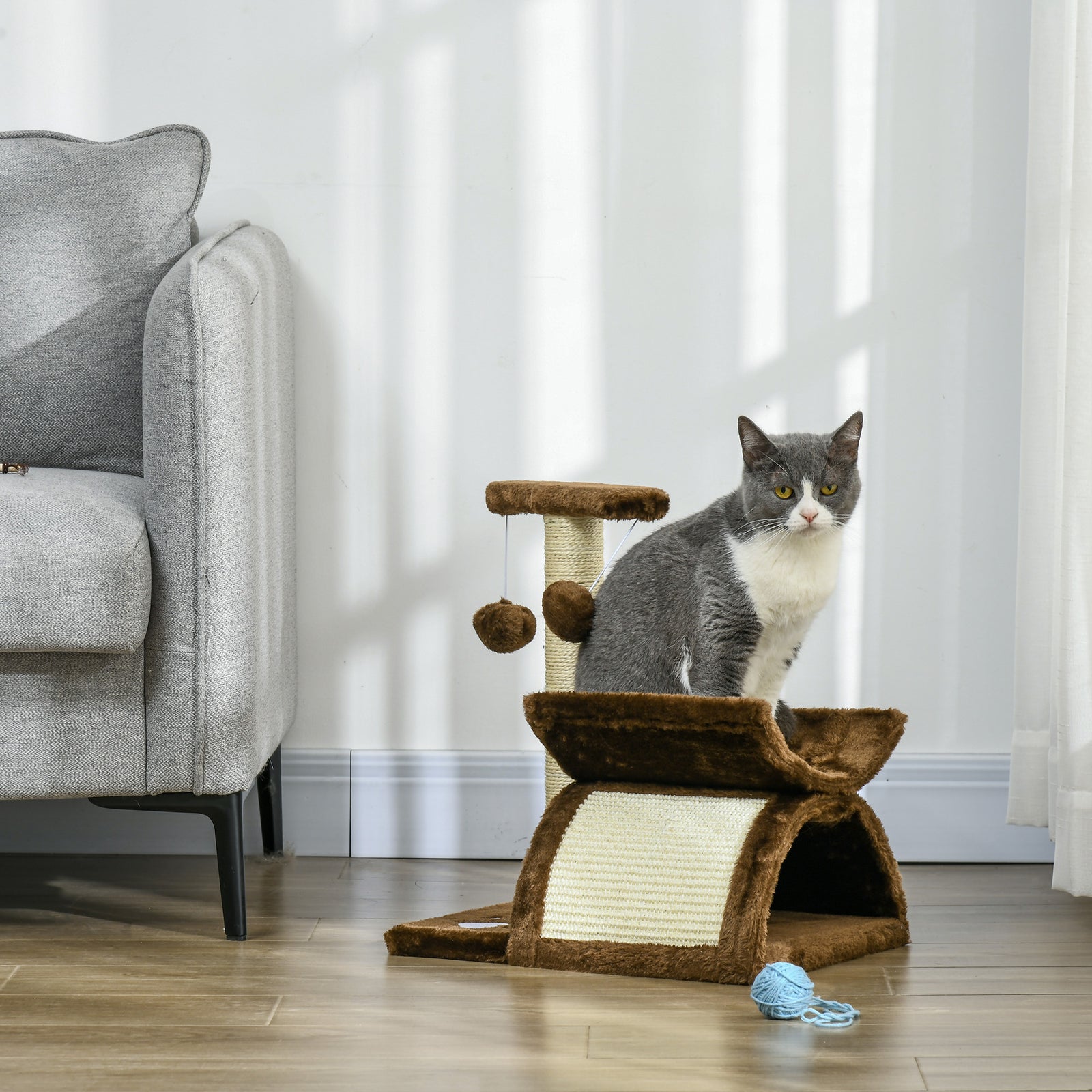 Cat Tree Plush Scratcher Kitty Activity Play Centre Tunnel Dangling Ball | Brown