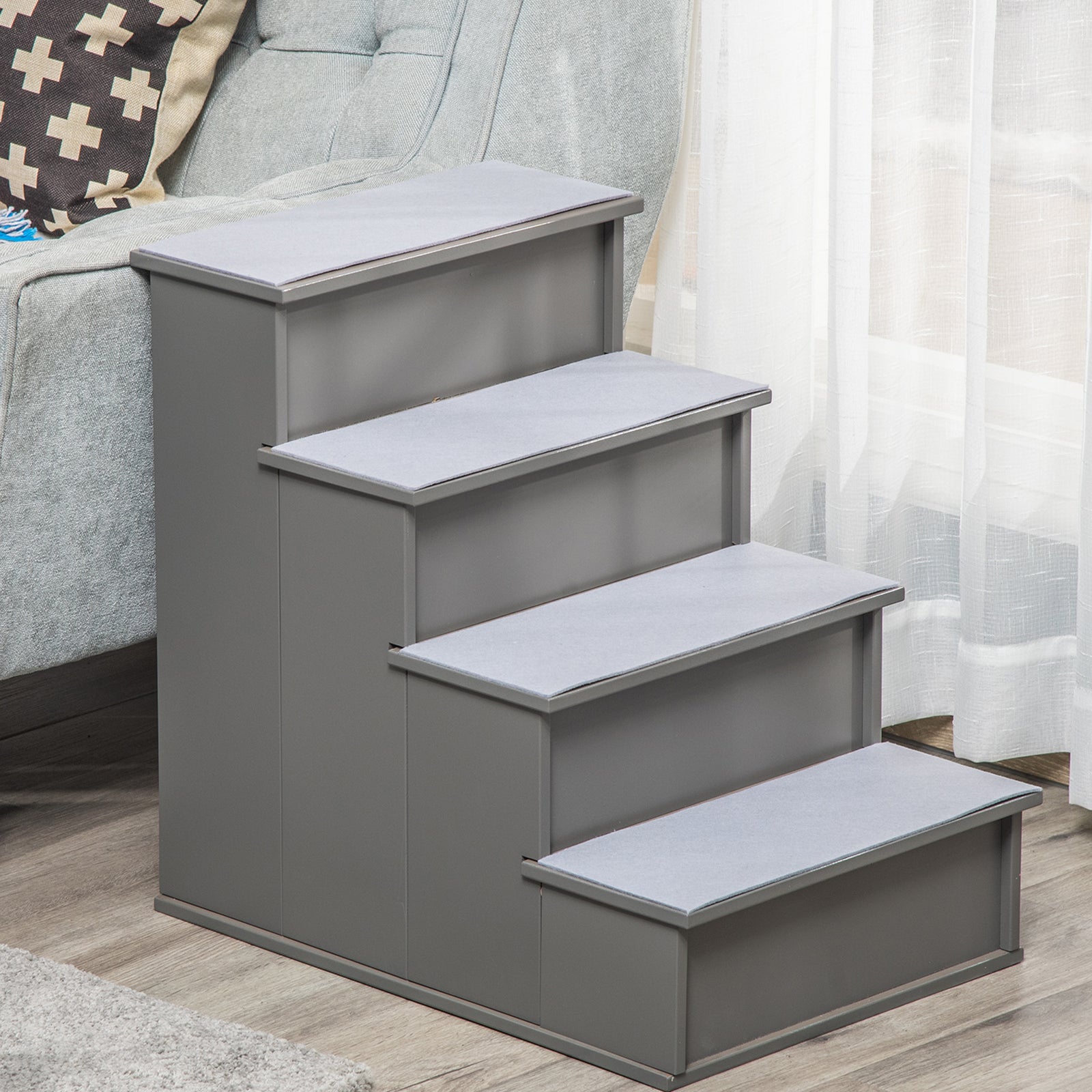 4 Step Wooden Dog Steps Pet Stairs Cat Ladder For Bed Couch | Gray