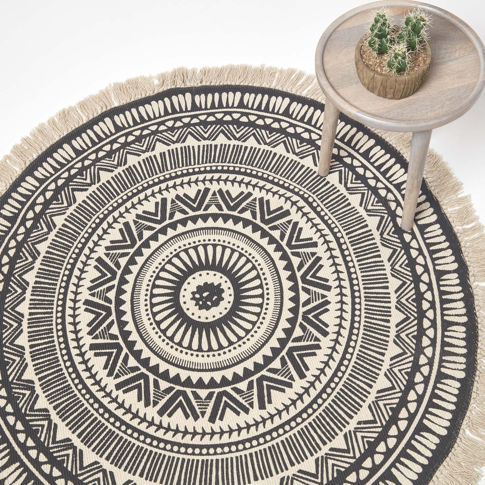 Mandala Printed 100% Cotton Round Rug | 140cm | Black & White