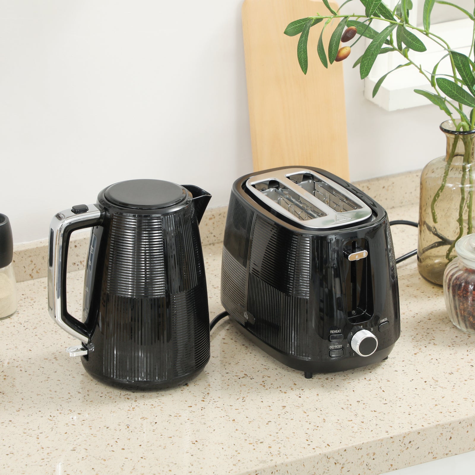 1.7l Fast Boil Electric Kettle And 2 Slice Water Toaster Set | Black