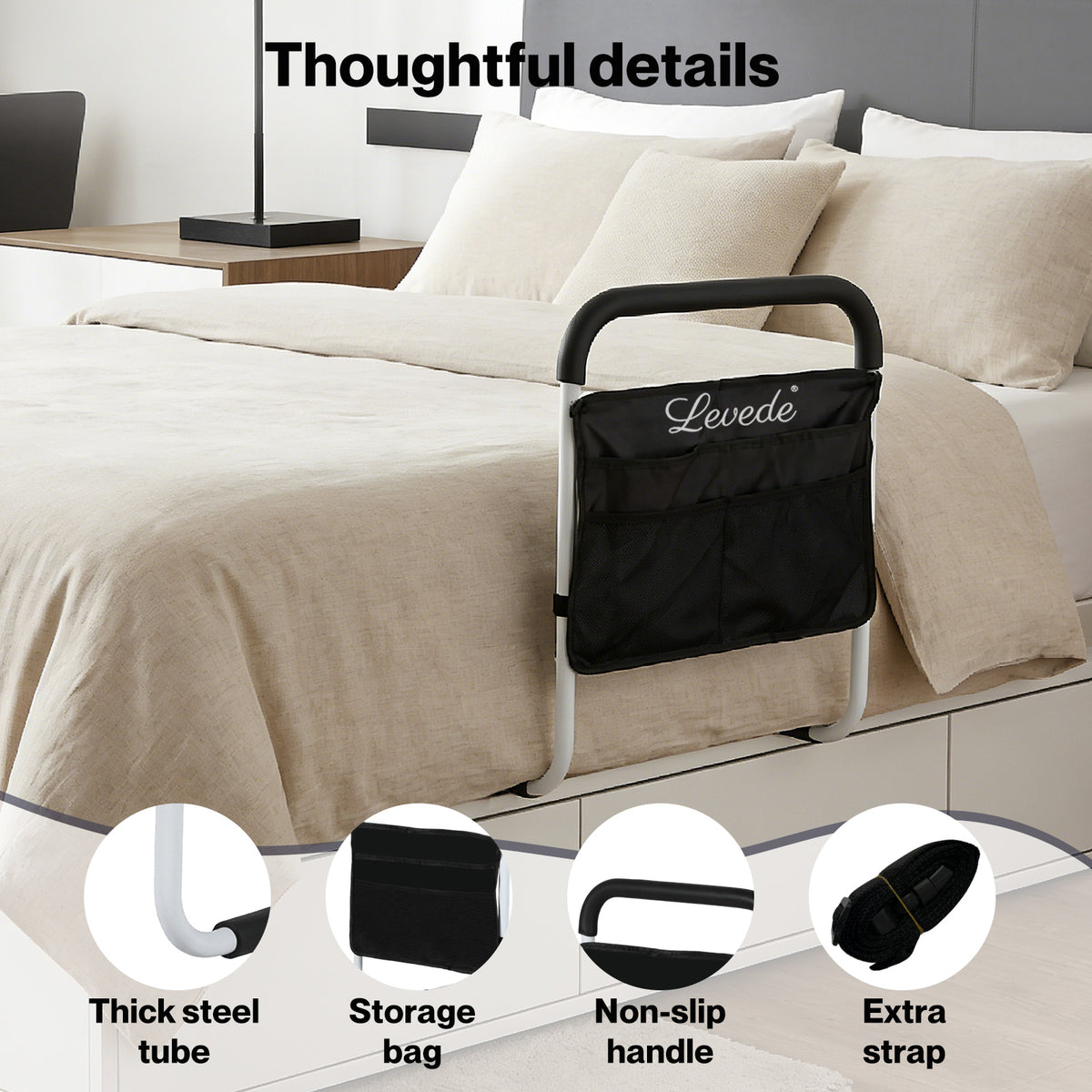 Bed Rails Adjustable Storage Pocket Assist Support Side Railings | White & Black