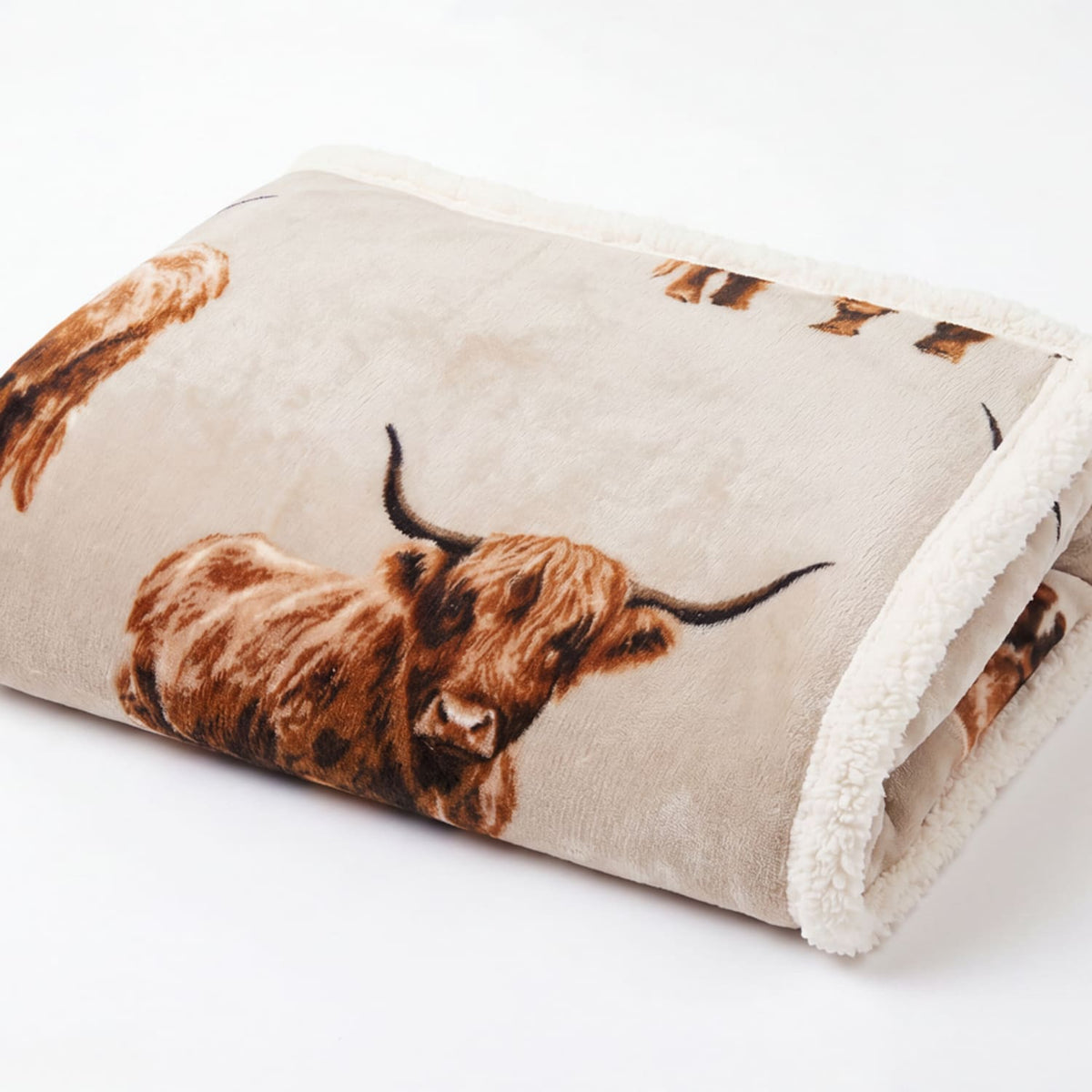 Angus Cow Sherpa Fleece Throw – Reversible Printed Flannel Blanket | 140cm x 180cm | Natural