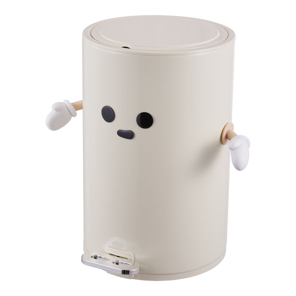 12l Cream-white Step-on Trash Bin With Soft-close Lid And Removable Inner Bucket, Decorative Face Design