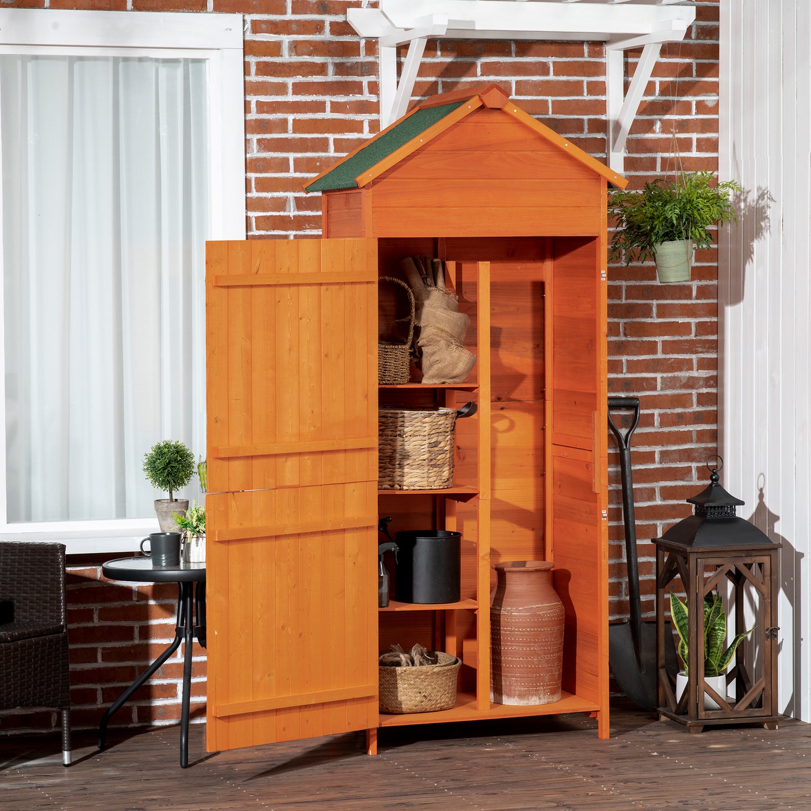 Wooden Garden Shed Outdoor Shelves Utility Tool Storage | Orange