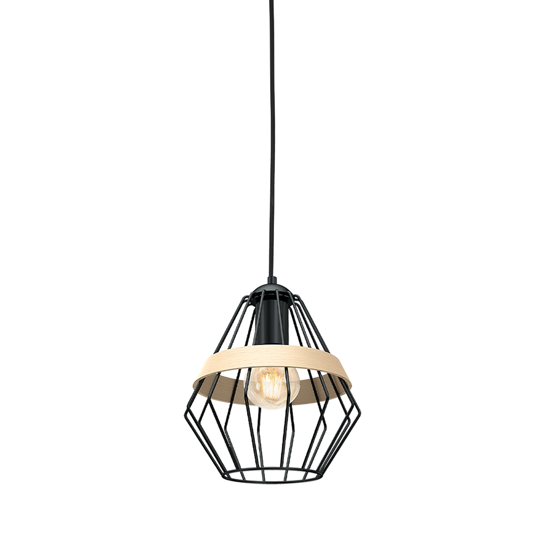 Cliff Black Pendant Lamp 1xe27 Hand Made Matt Black Cage Style Lamps With Natural Wood Detail