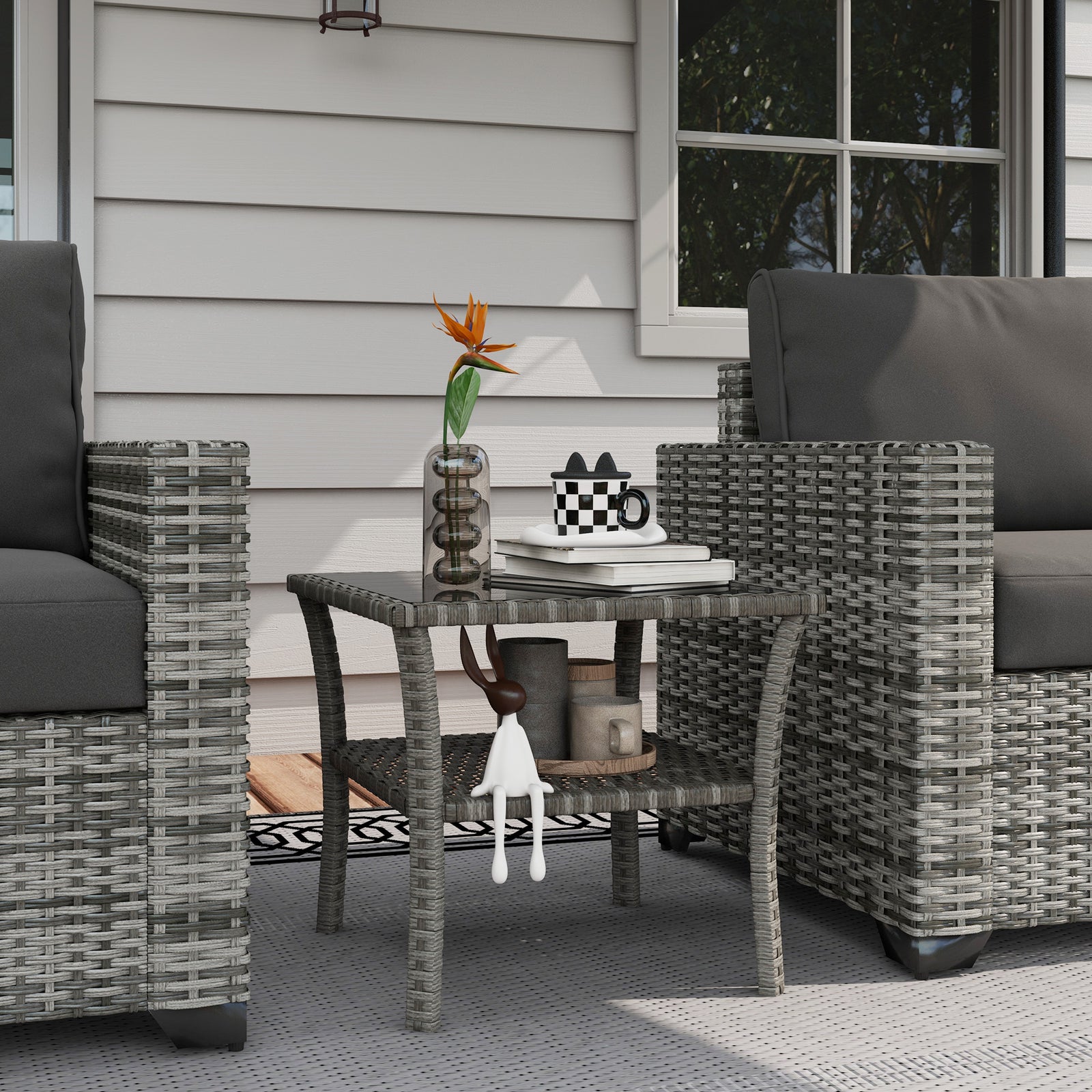 50cm Pe Rattan Coffee Table, Two-tier With Glass Top