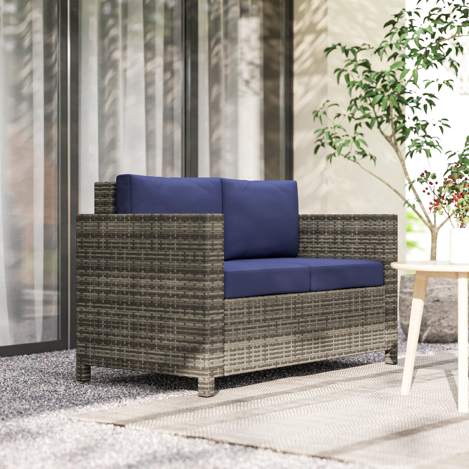 Rattan Wicker 2-seat Sofa Loveseat Padded Garden Furniture | Navy Blue