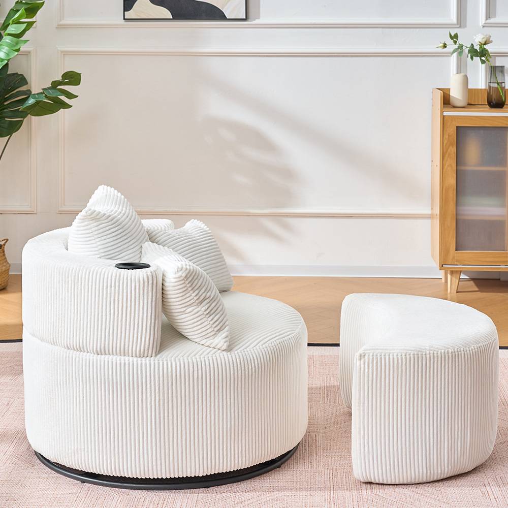 360° Swivel Sofa And Footstool With Cup Holder And Pillows