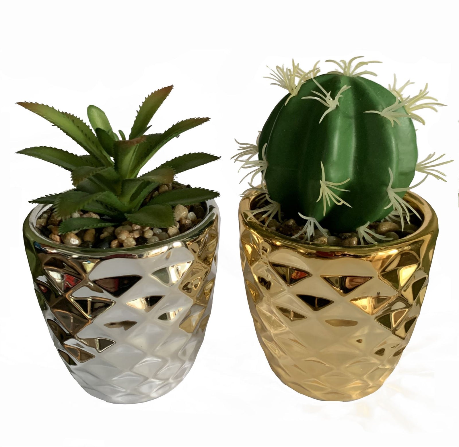 15cm Set Of Two Silver And Gold Ceramic Planters With Artificial Cactus And Dracaena