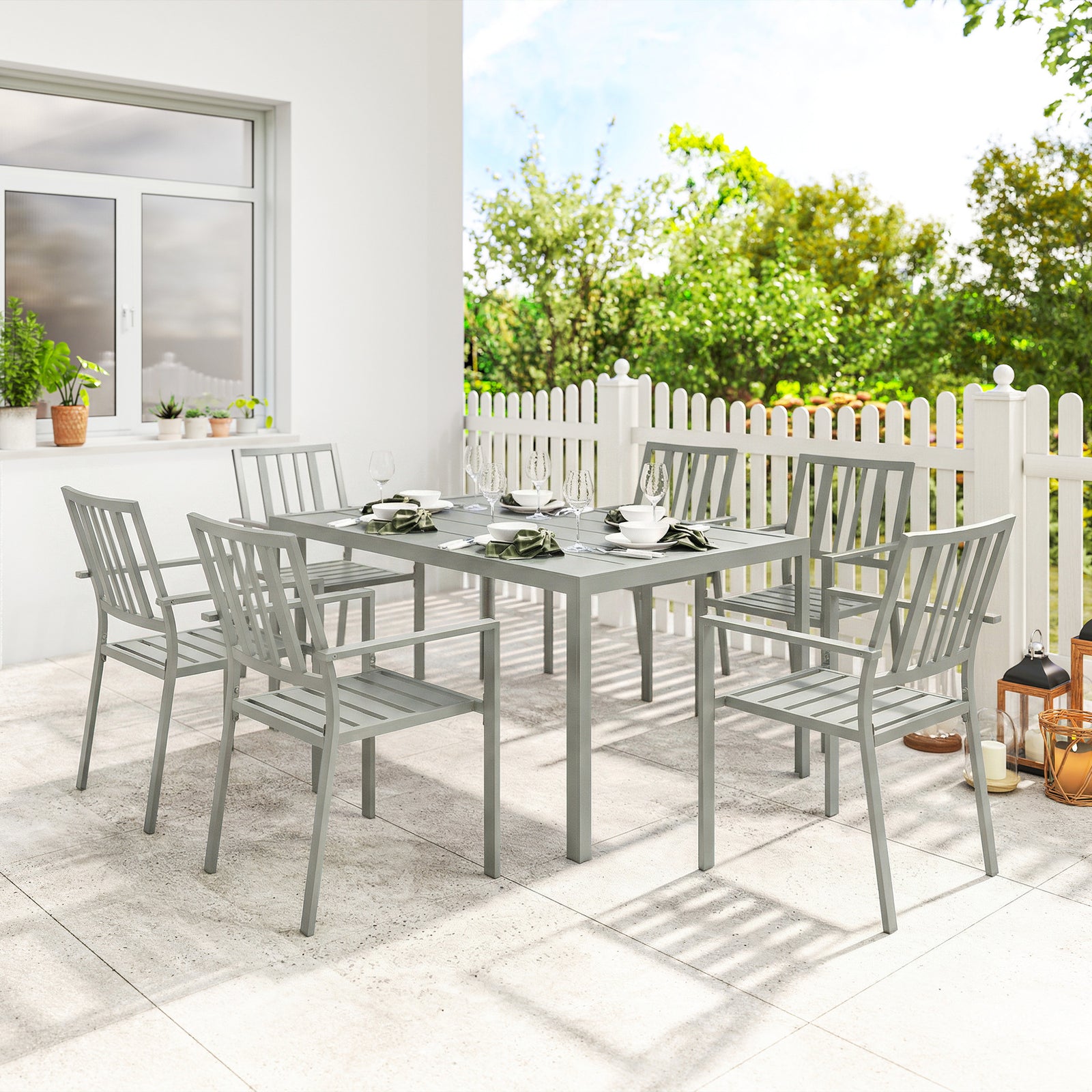 7 Pieces Garden Furniture Set With Stackable Chairs | Light Grey