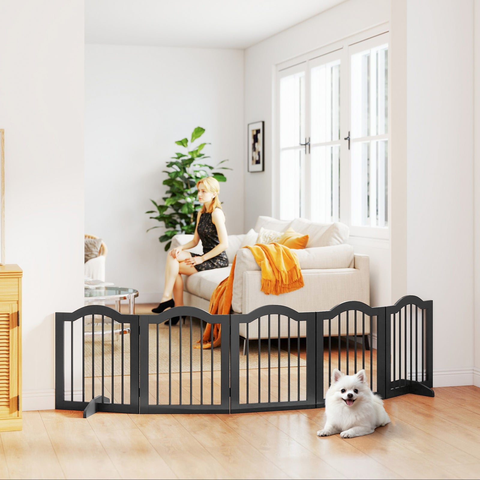 Dog Gate 5 Wood Panel Freestanding Pet Fence Folding Safety Barrier | Black