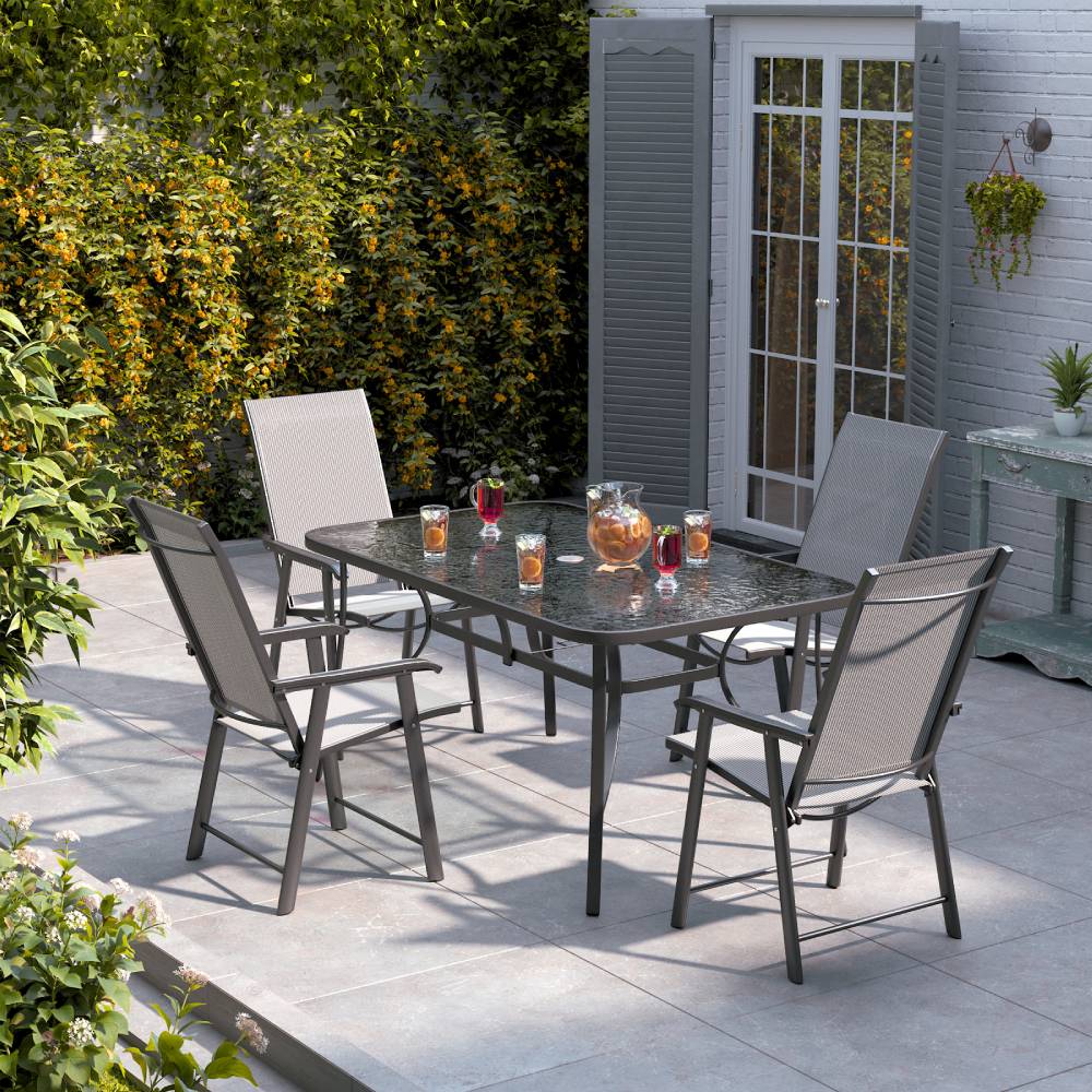 5 Pieces Garden Dining Set Outdoor Tempered Glass Coffee Table With Foldable Chairs