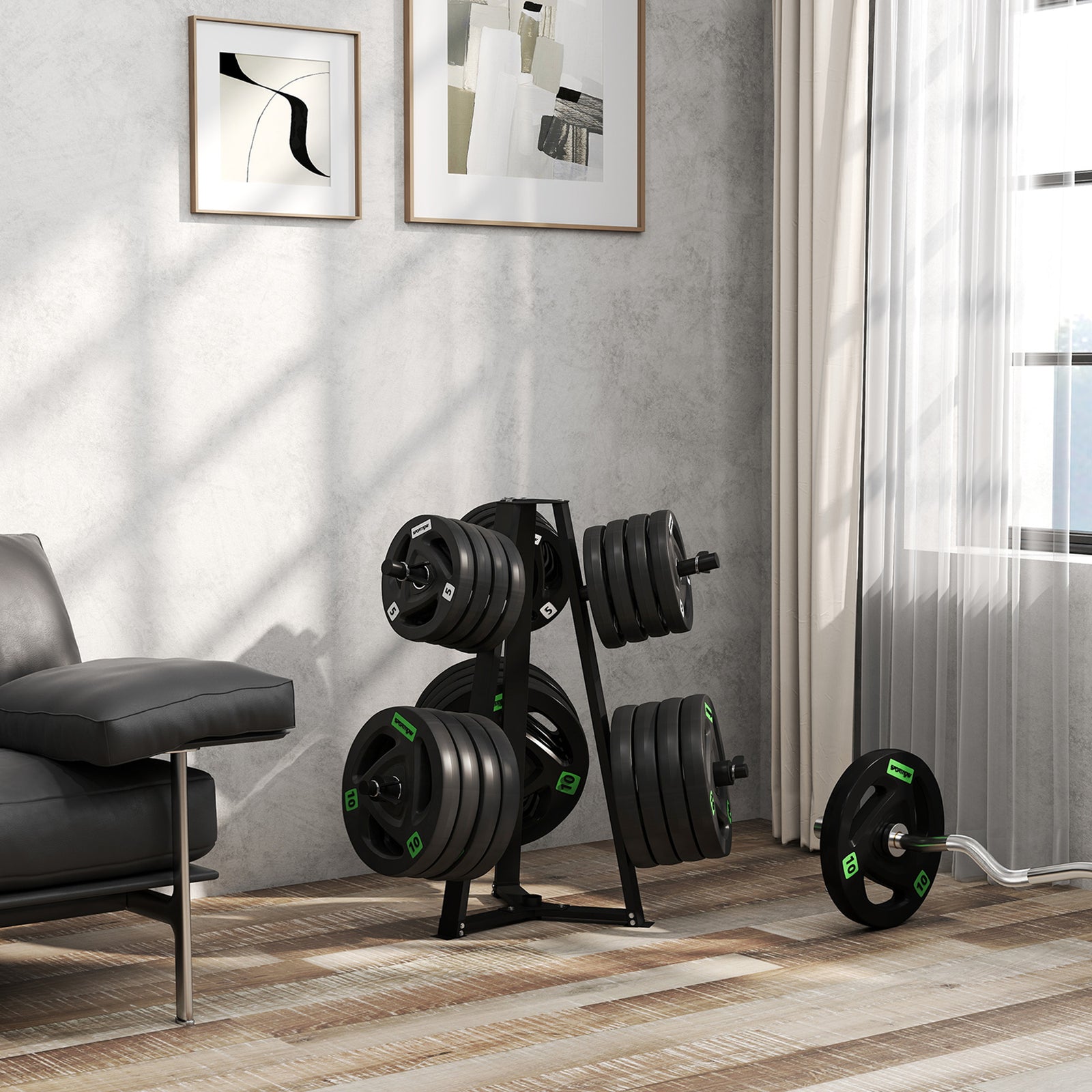 Weight Plate Rack For 5cm Weight Plates And Barbell Bar | Black