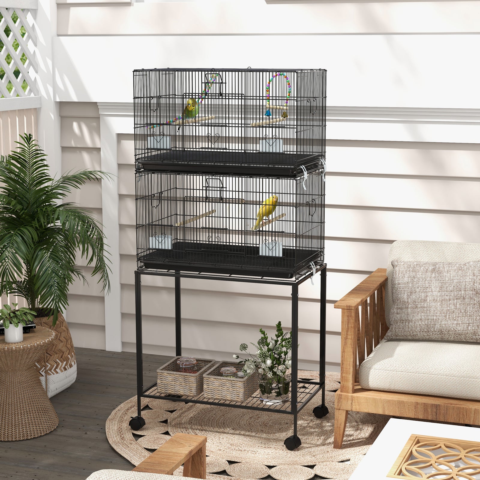Two-tier Bird Cage On Wheels W/ Stand, For Canaries