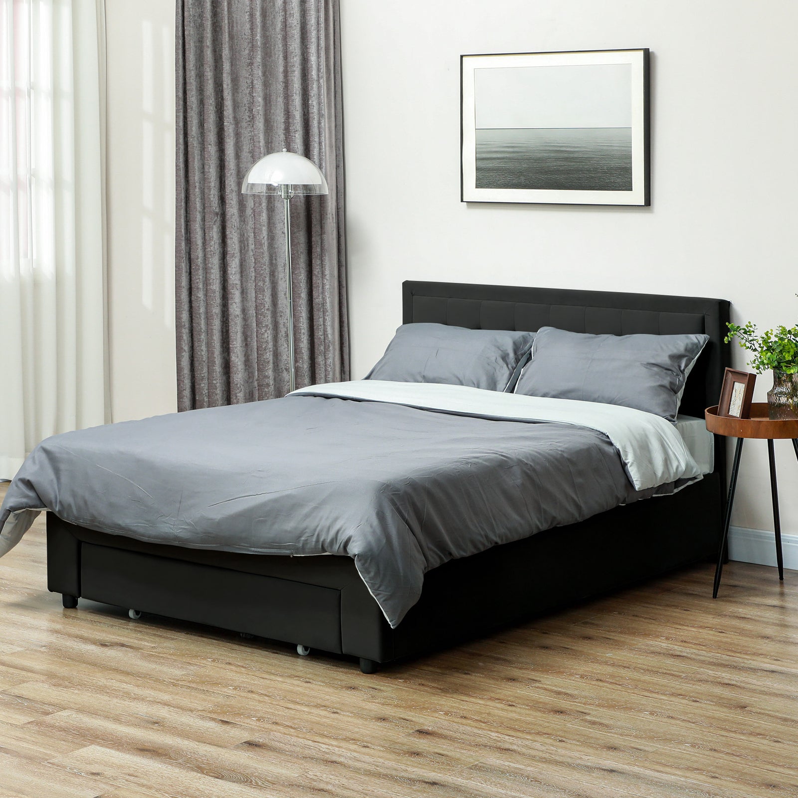 Double Bed Frame With Storage And Adjustable Velvet Headboard | Black