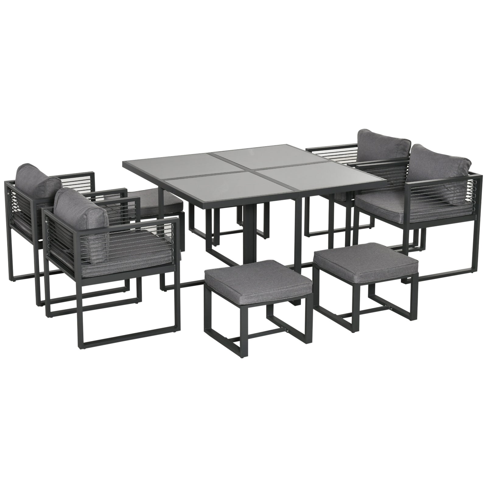 Outsunny 8 Seater Aluminium Dining Cube Set W/ Footstools