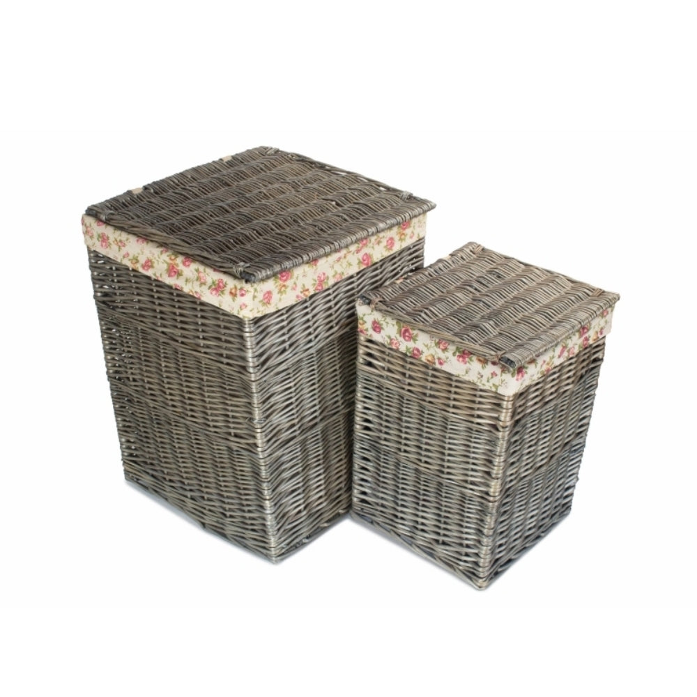 Antique Wash Wicker Square Laundry Basket With Rose Lining | Set of 2 | Pink
