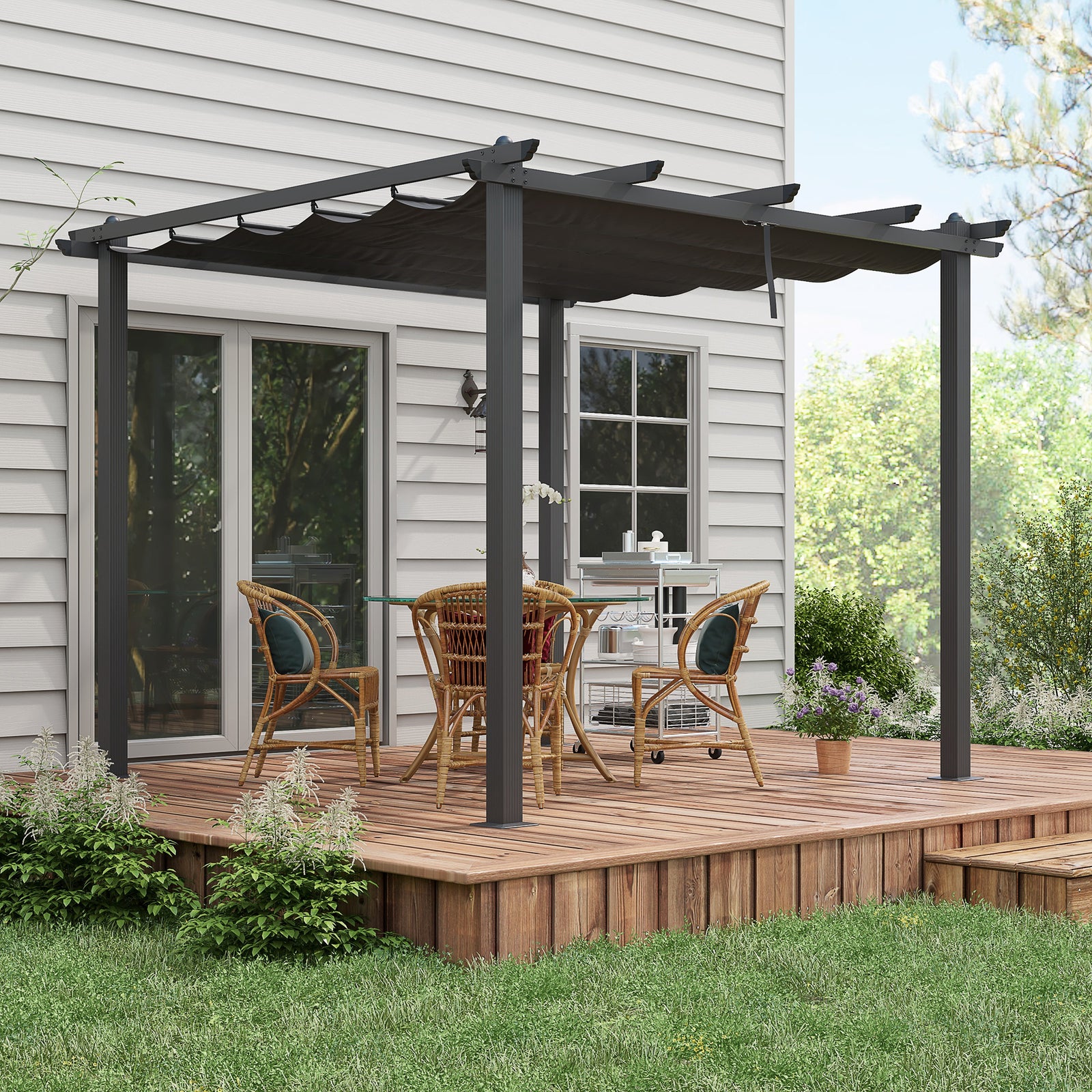 Aluminium Pergola W/ Retractable Roof, Garden Gazebo Canopy | Medium | Dark Gray