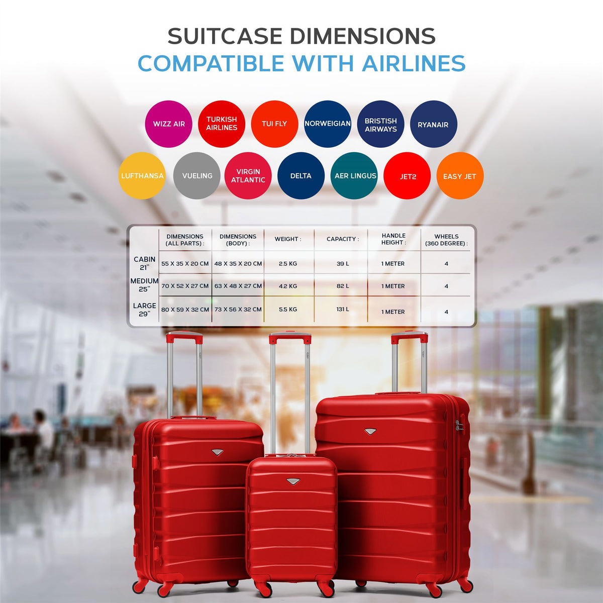 Set Of 3 Hard Shell Suitcase Cabin & Check In Cases With Tsa Lock - Overhead Cabin With Medium & Large Check-in Bag | Set of 3 | Red