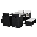 Rattan Garden Furniture Patio Dining Table Set W/ 8 Stools | Black