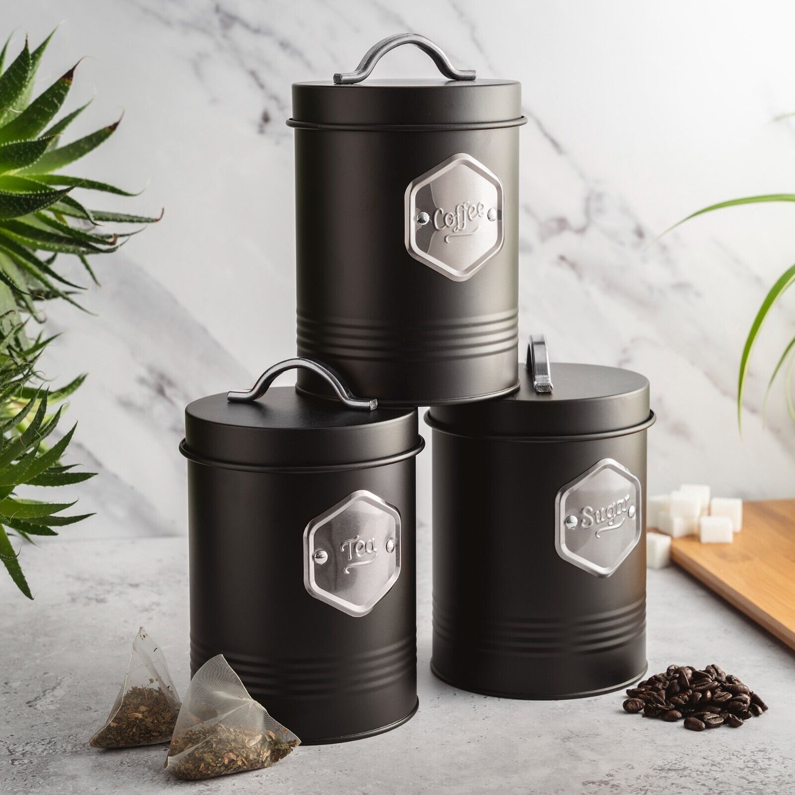 Tea Coffee & Sugar Canisters Bin Jar Storage 3pc Black/silver | Black