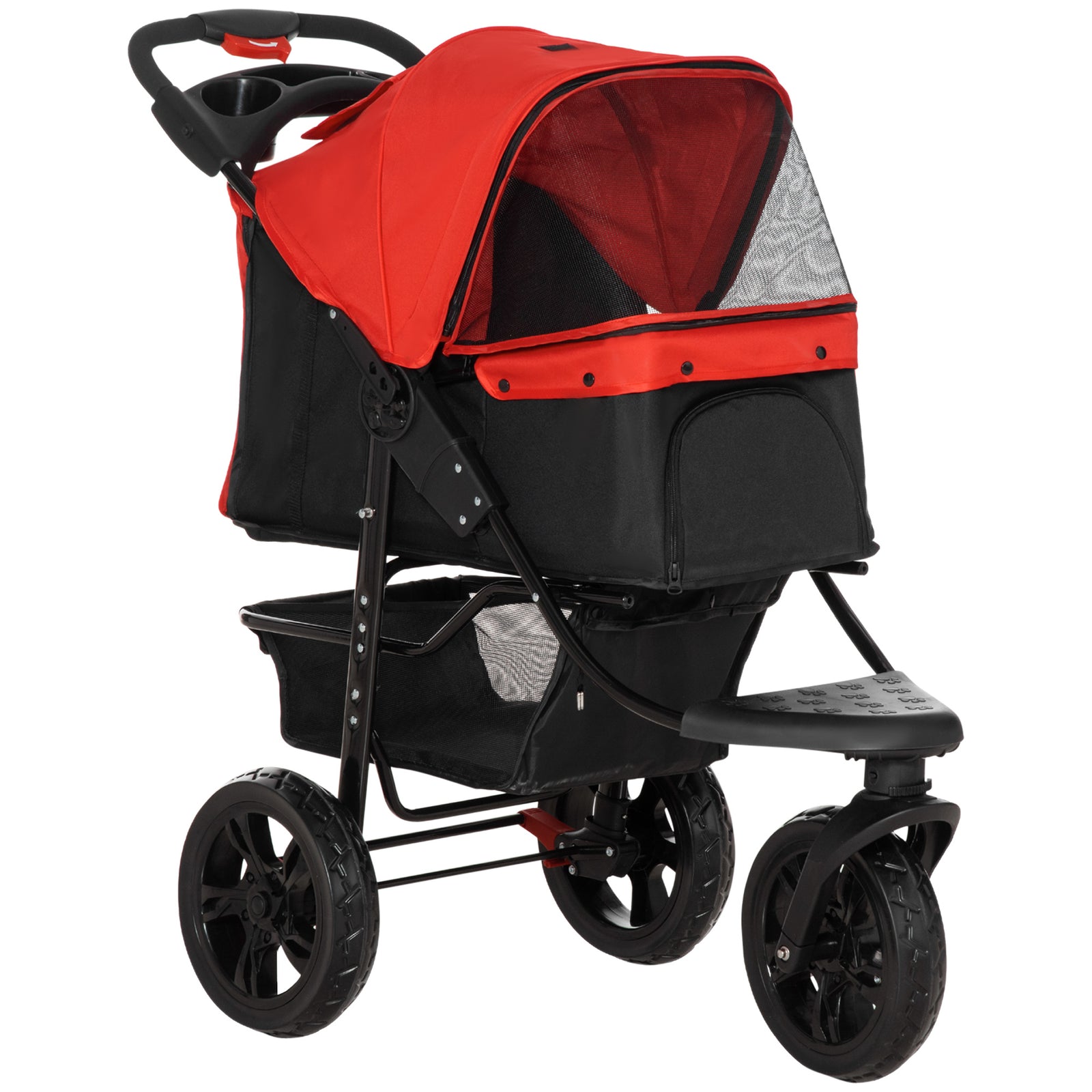 Folding 3 Wheel Pet Stroller Travel Adjustable Canopy Storage Brake | Red