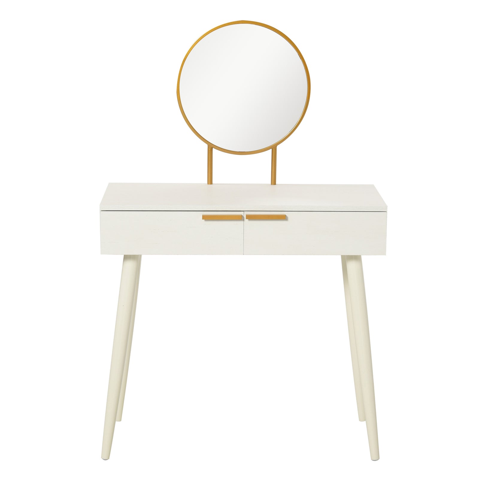 Modern Dressing Table W/ 2 Drawers Round Mirror Bedroom