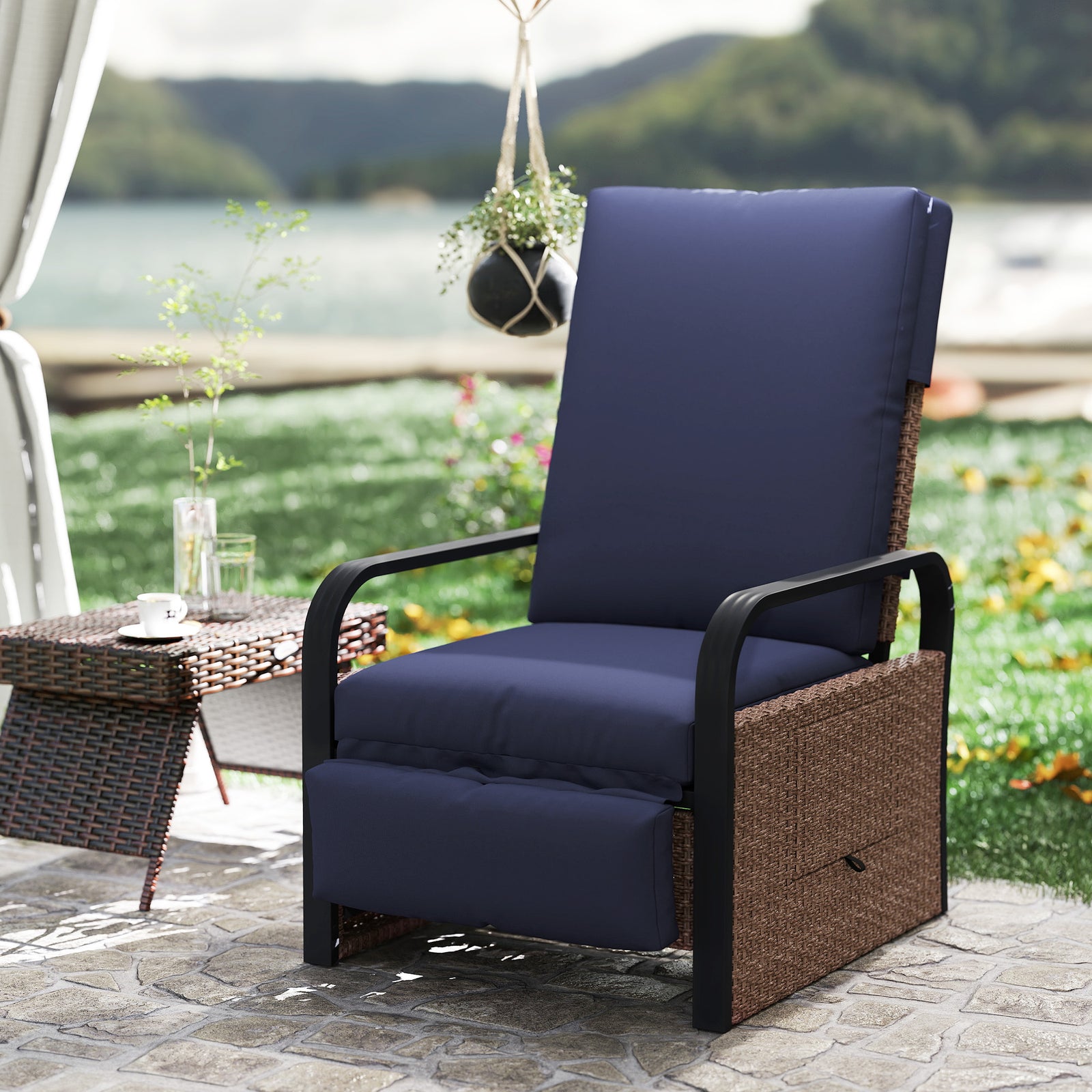 Rattan Recliner Chair, Adjustable Backrest & Footrest | Blue