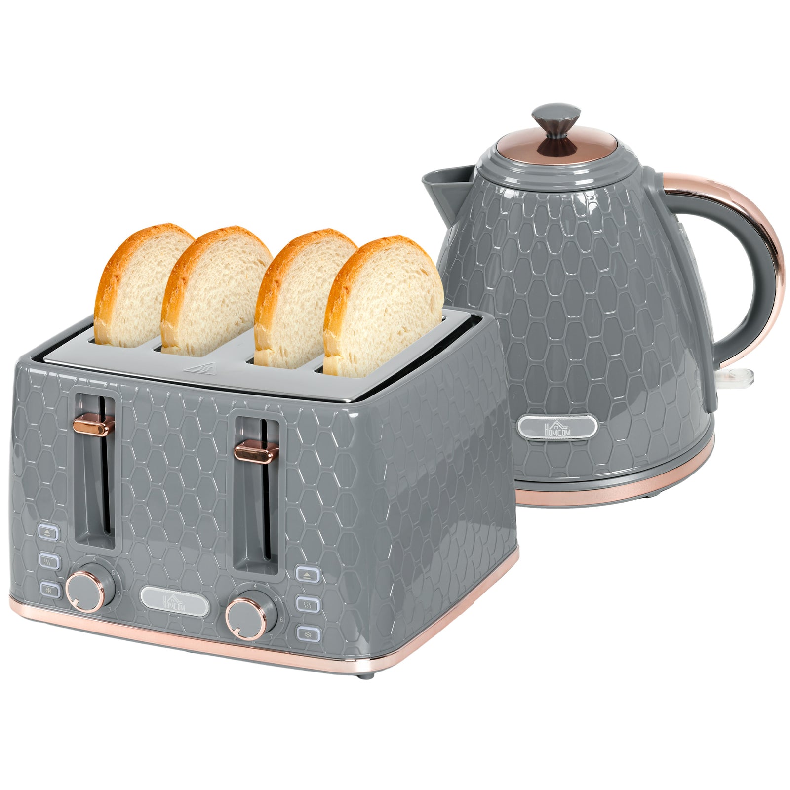 1.7l Kettle and 4 Slice Toaster Set With Defrost Reheat | Large | Grey