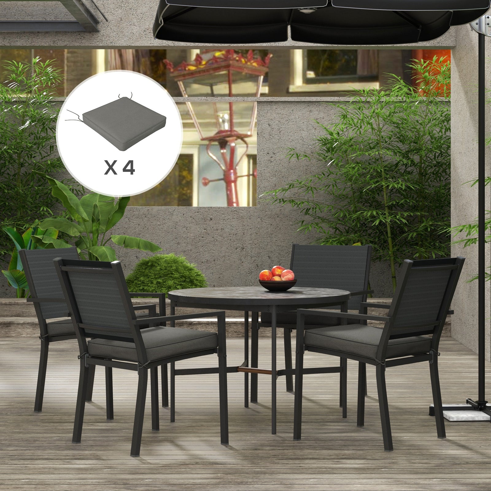 Set Of 4 Outdoor Seat Cushion With Ties, For Patio Furniture | Charcoal Gray