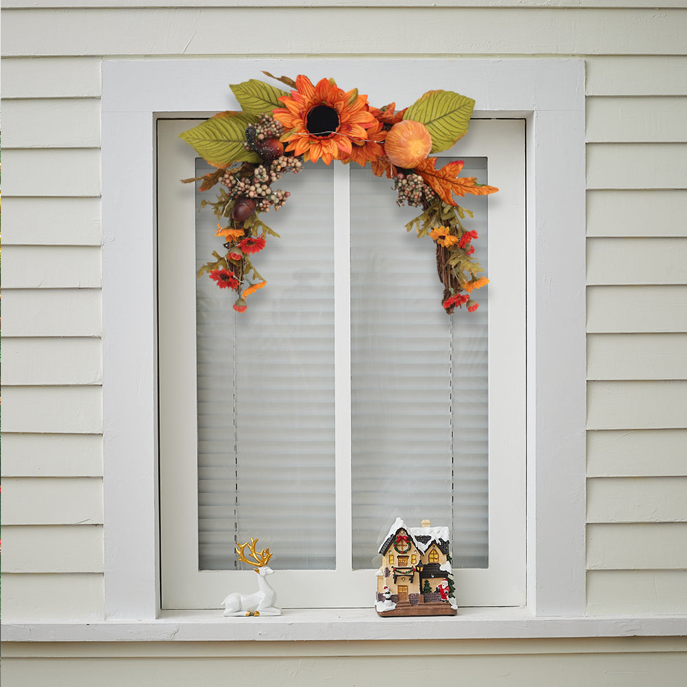 Artificial Sunflower Swag Wreath With Pumpkins For Halloween Hanging Decor