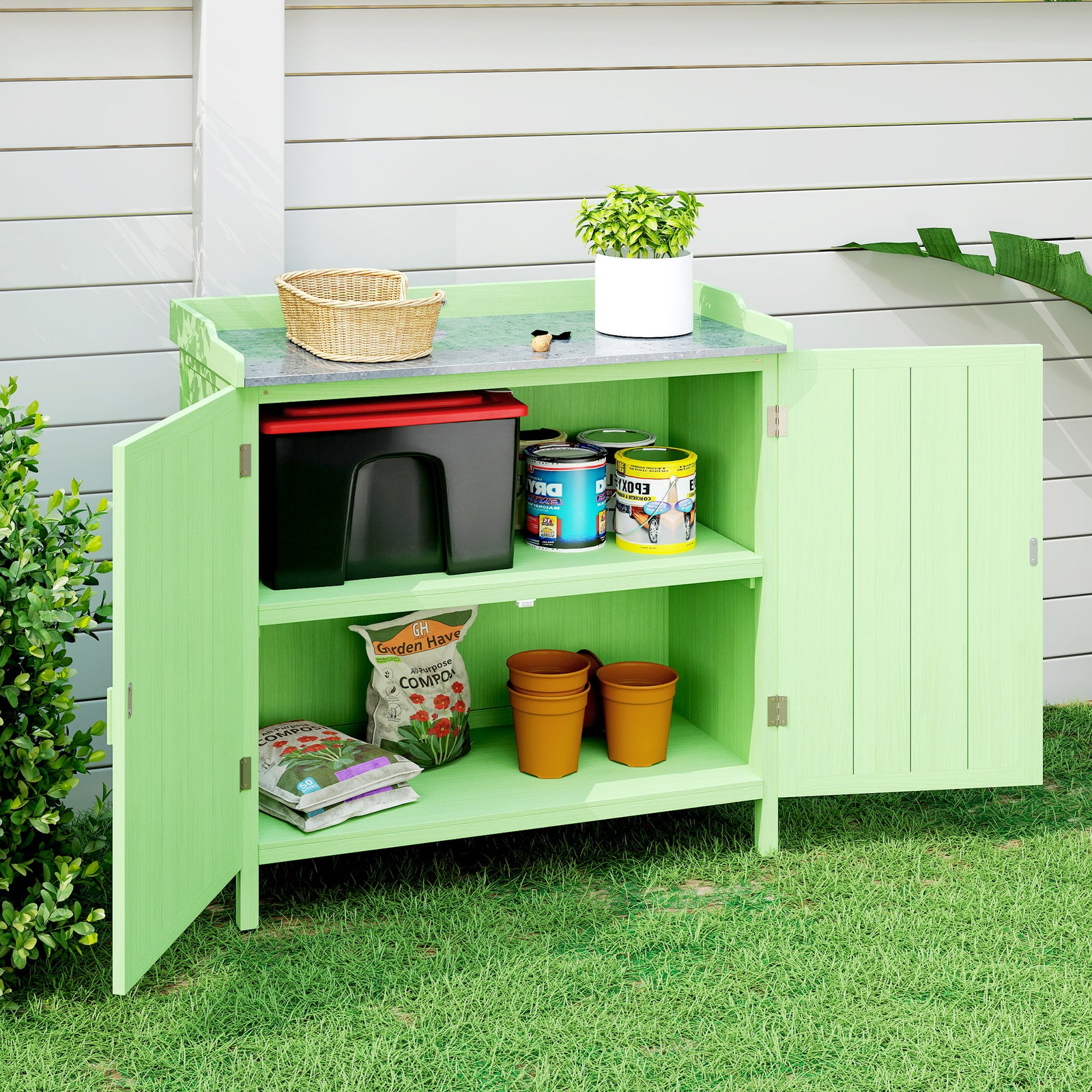 Garden Storage Cabinet Potting Bench Galvanised Top Green
