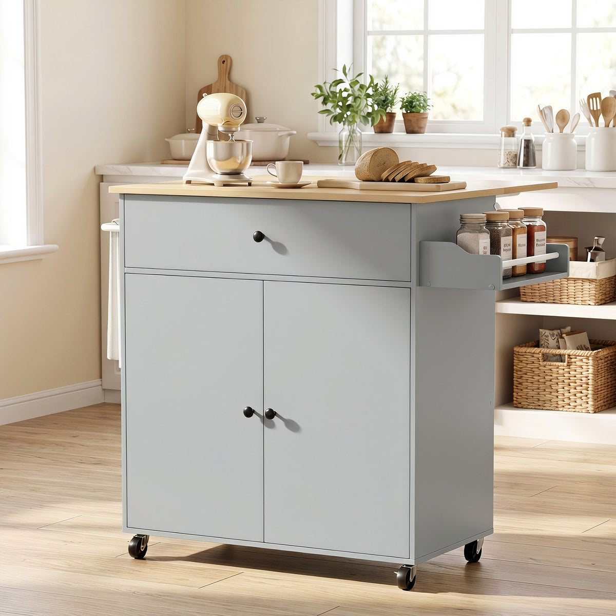 Kitchen Island With Drop Leaf, Rolling Kitchen Storage Trolley | Grey