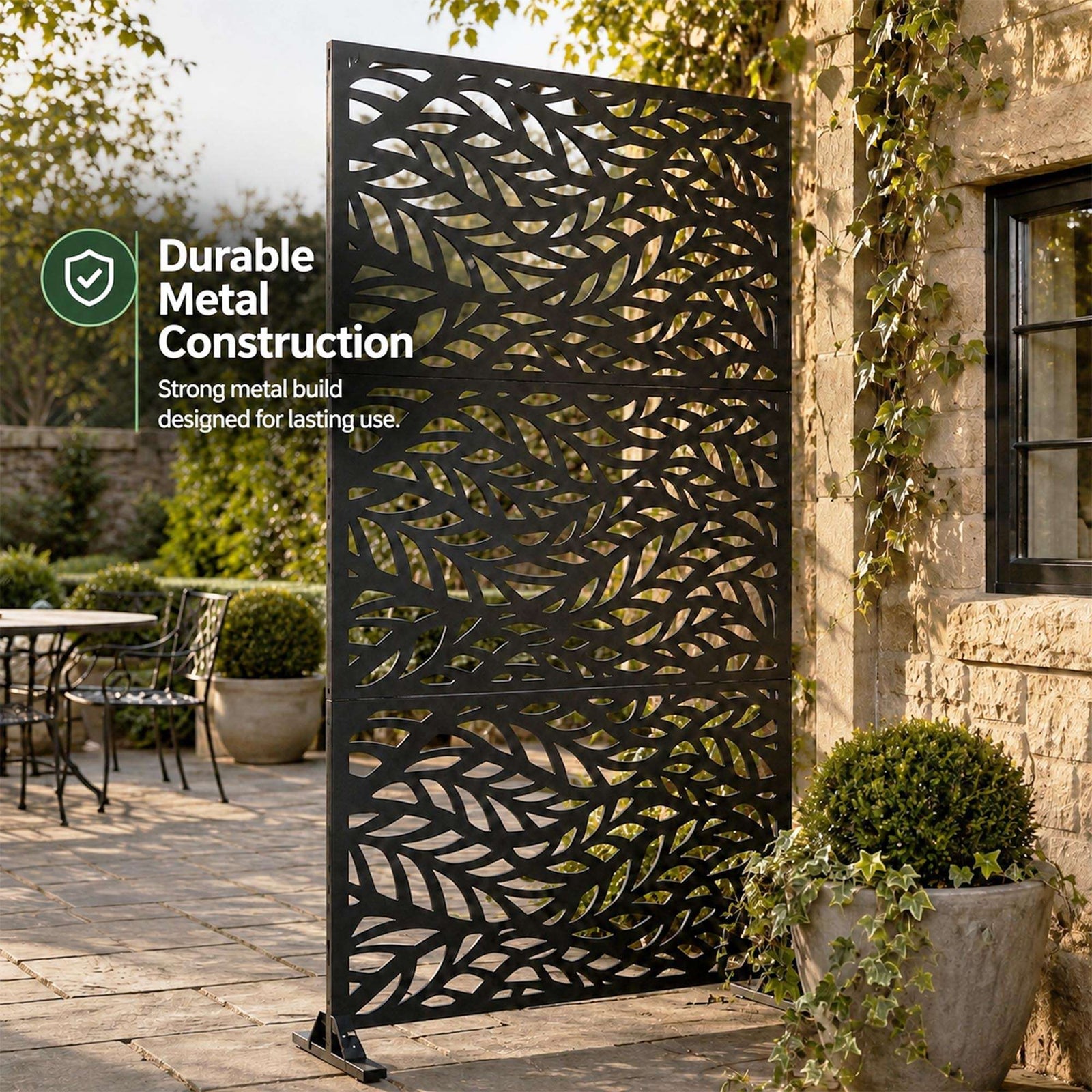 Indoor Outdoor Metal Privacy Screen - Leaf Pattern | Black