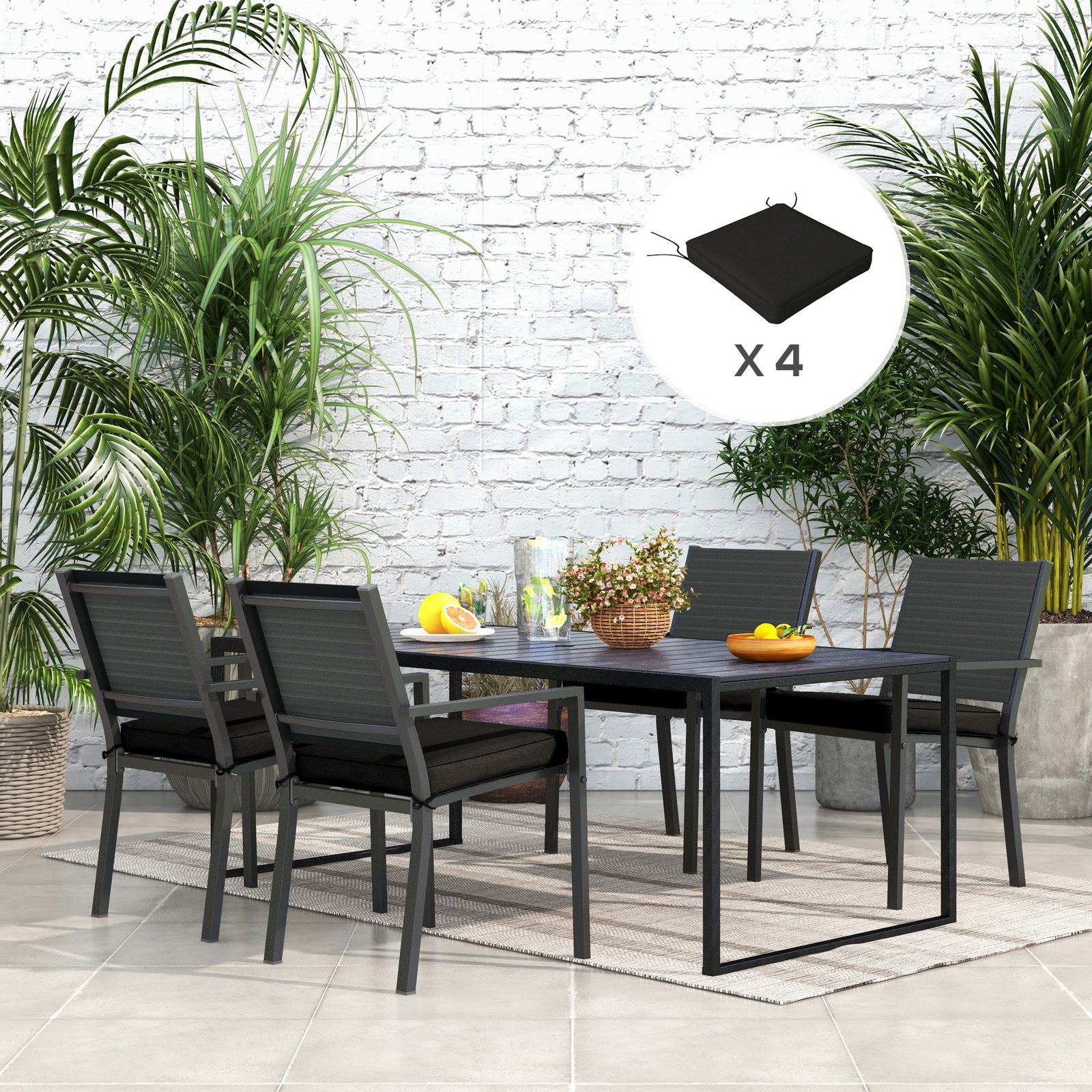 Set Of 4 Outdoor Seat Cushion With Ties, For Patio Furniture | Black